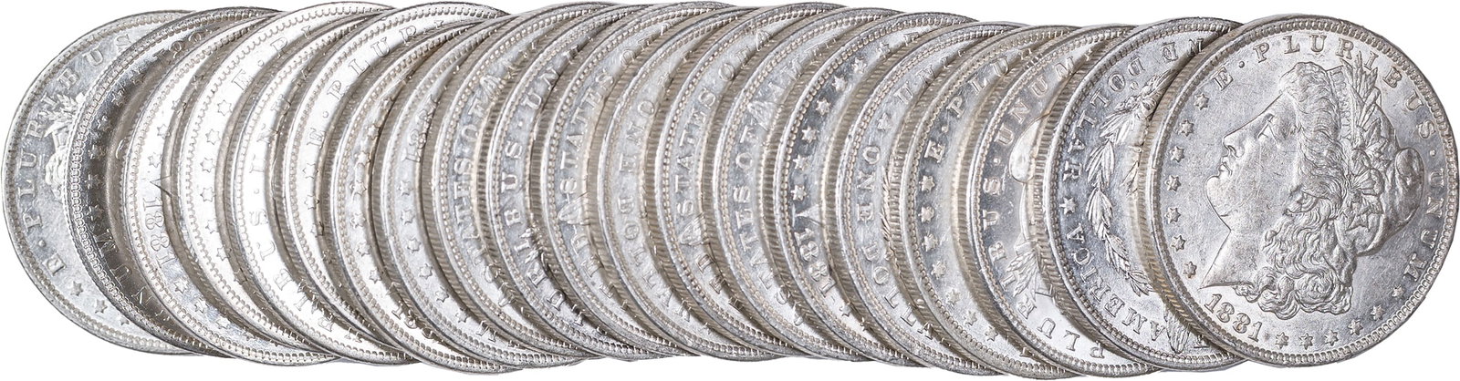 AU Roll 1881-O Morgan Dollars: A bright and lustrous roll. (Total: 20 pieces)