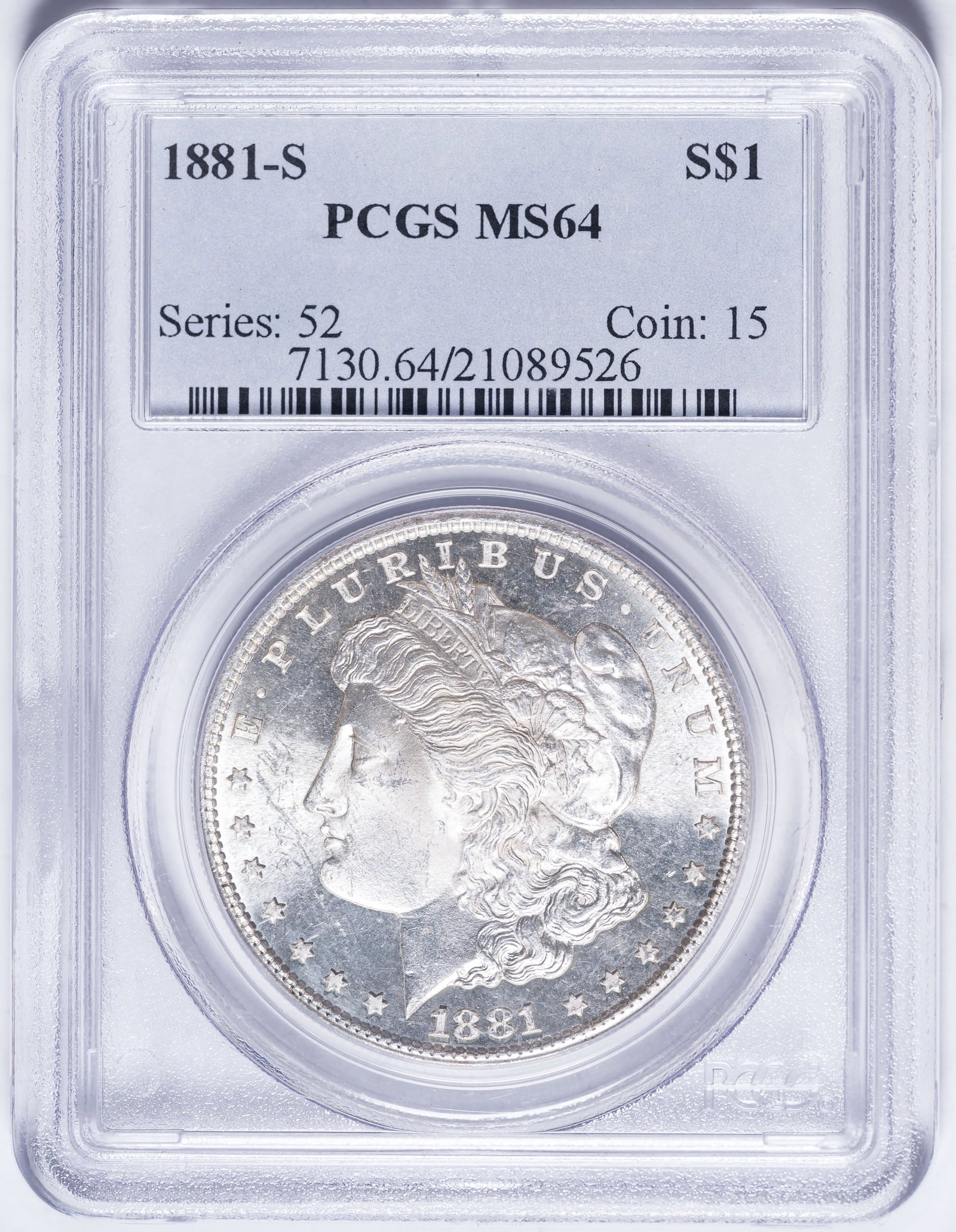 PCGS MS-64 1881-S Morgan Dollar: Bright, sharp, and lustrous, and ever so close to a full PL designation.