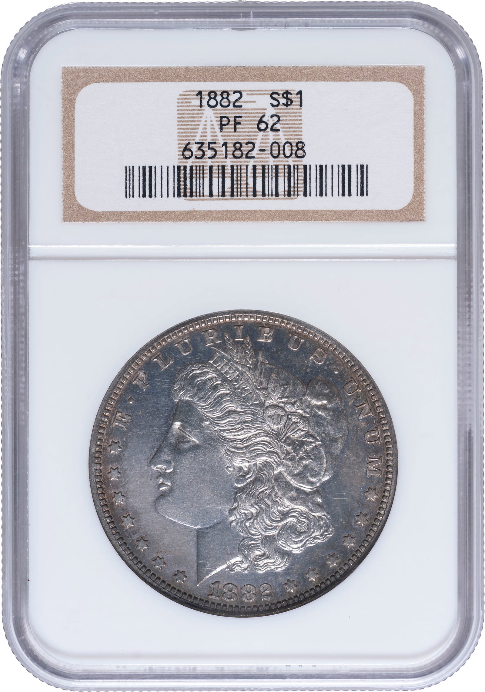 NGC Proof-62 1882 Morgan Dollar: Lustrous pale gray surfaces offer golden halos at the rims and lively contrast on the reverse between the field and devices.