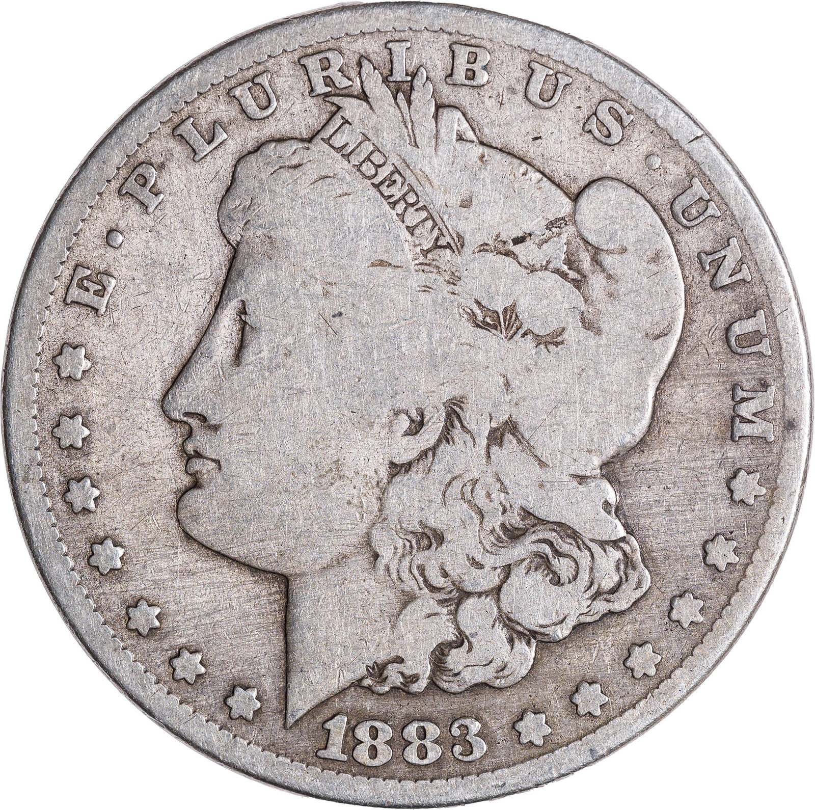 Good-4 1883-CC Morgan Dollar: Evenly worn but unmarked by the ravages of long-time circulation.