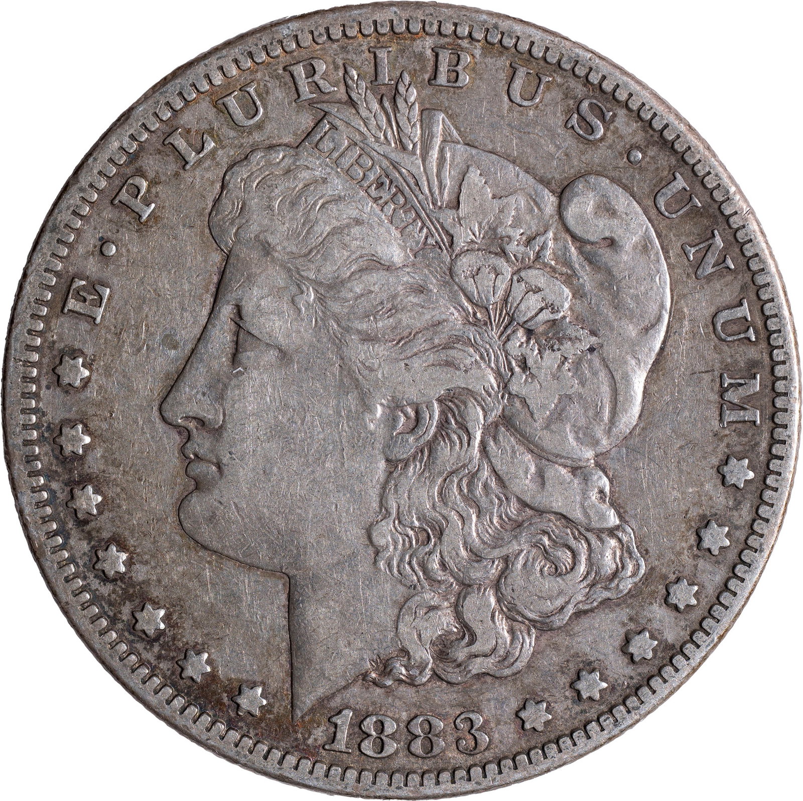 VF-30 1883-CC Morgan Dollar: Medium silver-gray with some golden toning. Essentially mark-free.