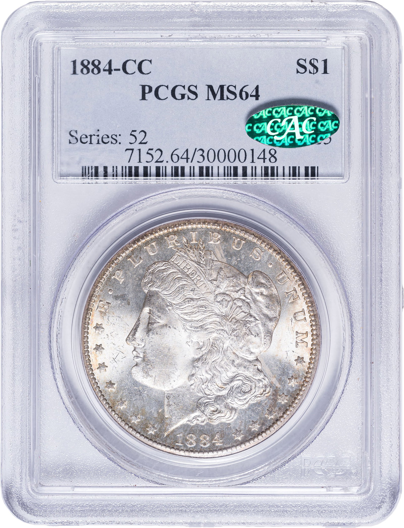 PCGS MS-64 CAC 1884-CC Morgan Dollar: A satiny near-Gem with pale champagne-gold toning and a distinctly PL reverse.