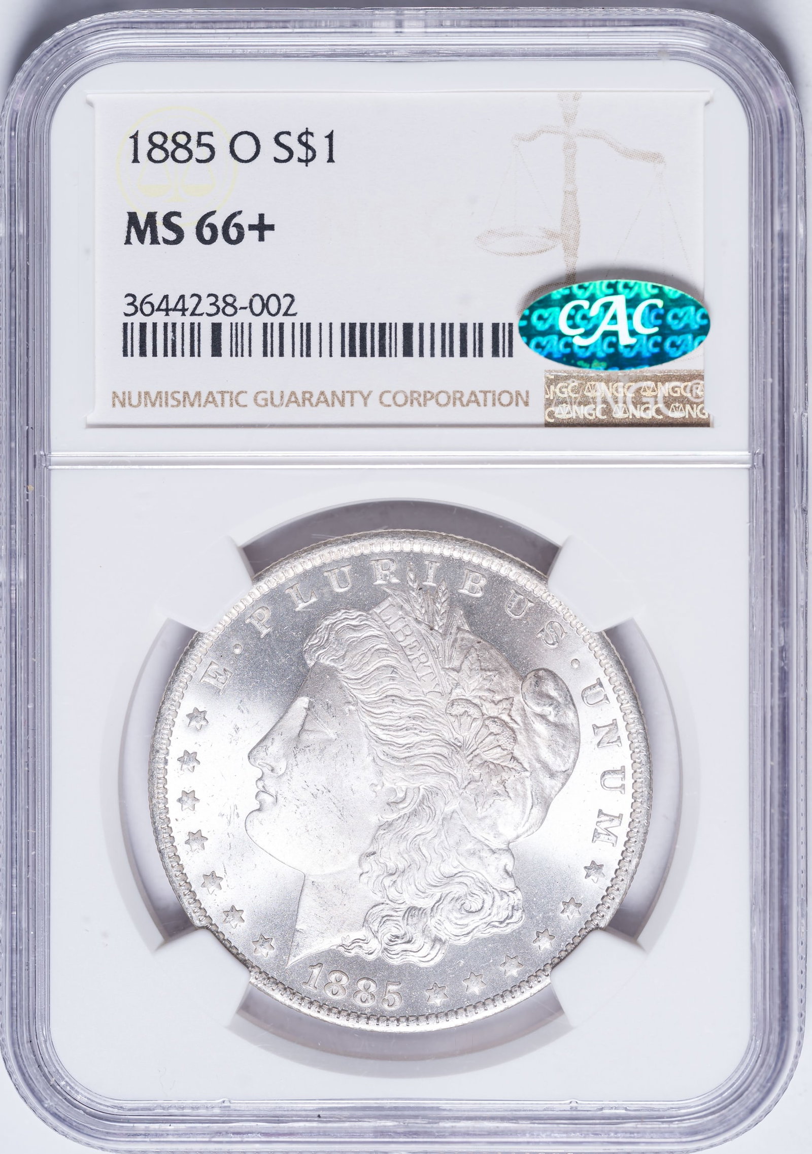 NGC MS-66+ CAC 1885-O Morgan Dollar: A splendid mark-free Gem example of the date, chiefly PL in appearance, and a treat for the weary numismatic eye.