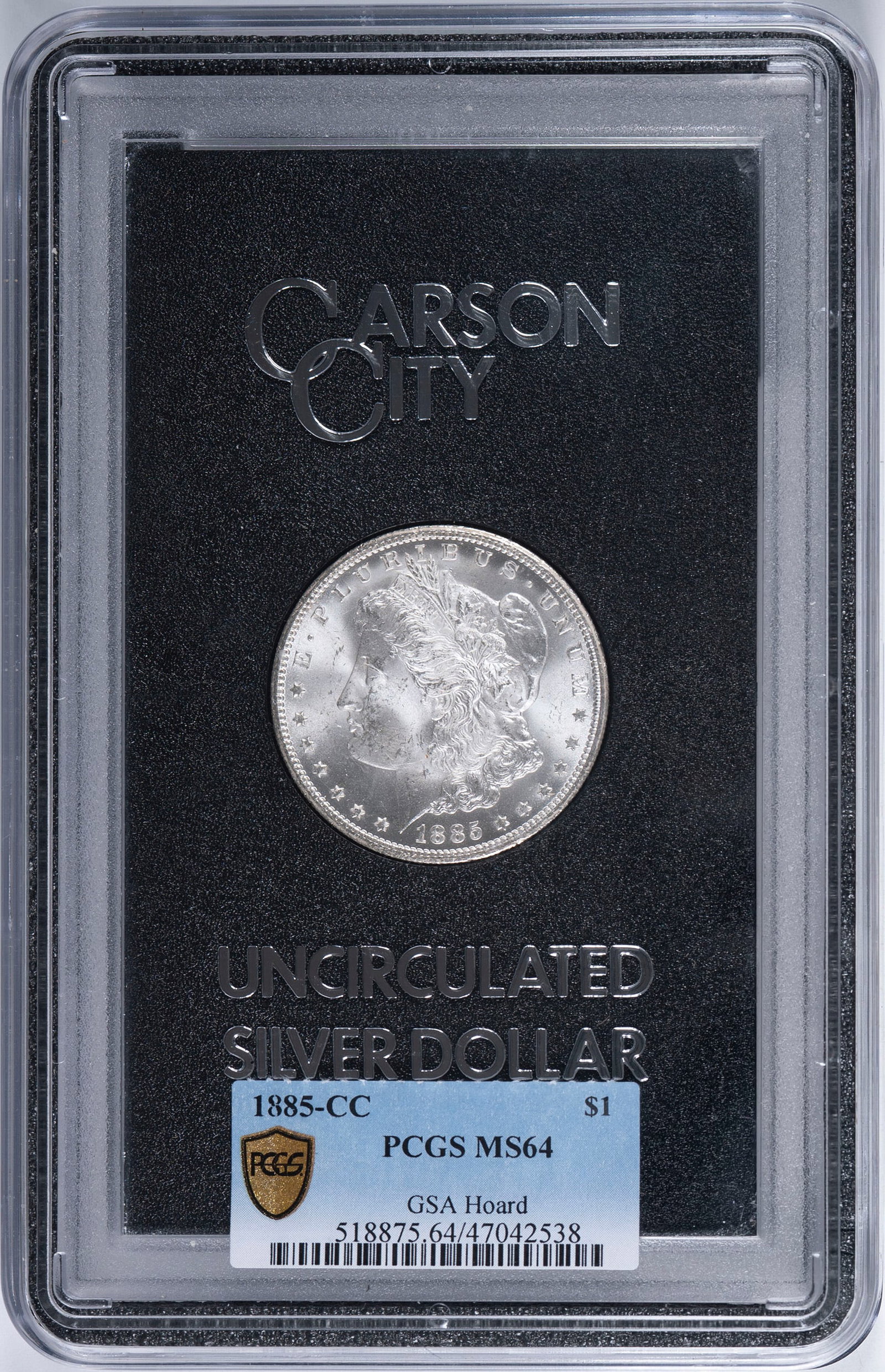 PCGS MS-64 1885-CC GSA Morgan Dollar: A brilliant example that has the GSA plastic housed in PCGS plastic.