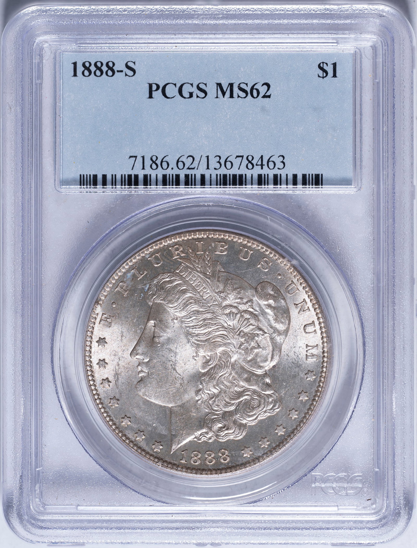 PCGS MS-62 1888-S Morgan Dollar: Shows flashy luster with just a hint of tone.