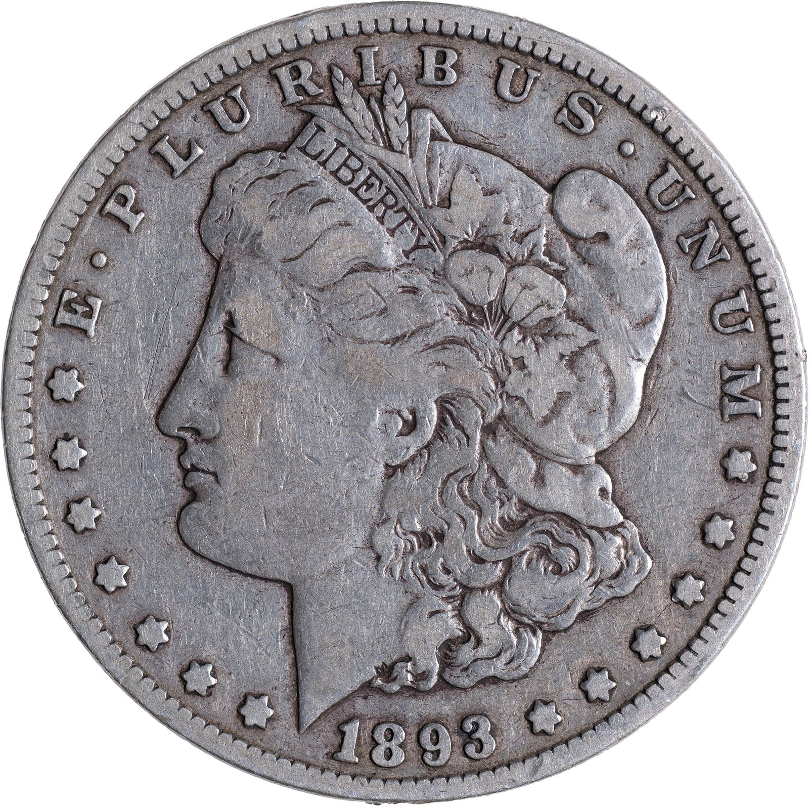 Fine-12 1893-CC Morgan Dollar: Evenly worn but essentially mark-free.