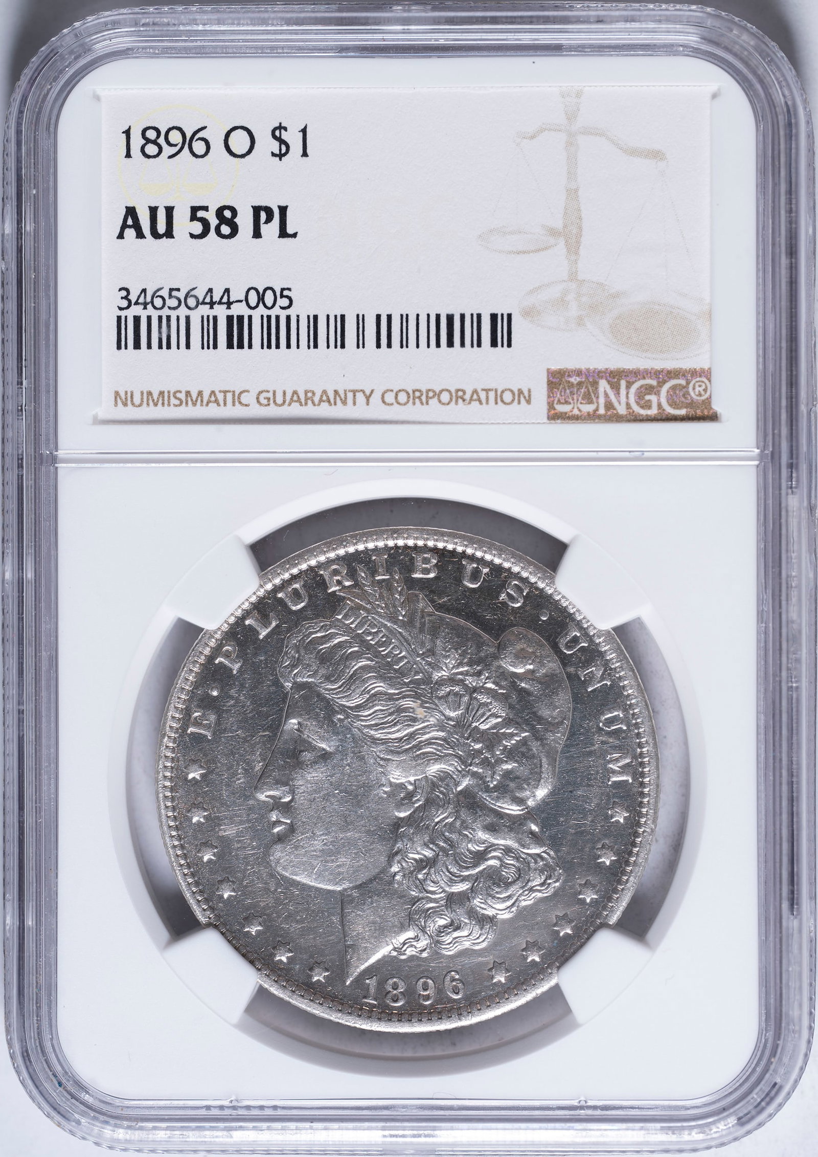 NGC AU-58 PL 1896-O Morgan Dollar: Very rare with proof like fields, at first glance you would think this Morgan was proof!