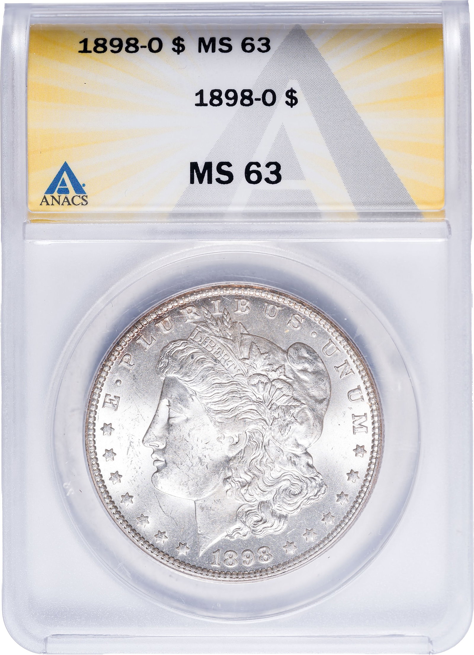 ANACS MS-63 1898-O Morgan Dollar: Sharp and lustrous -- this could easily be called MS-64, with very few marks of any nature present. Choice.