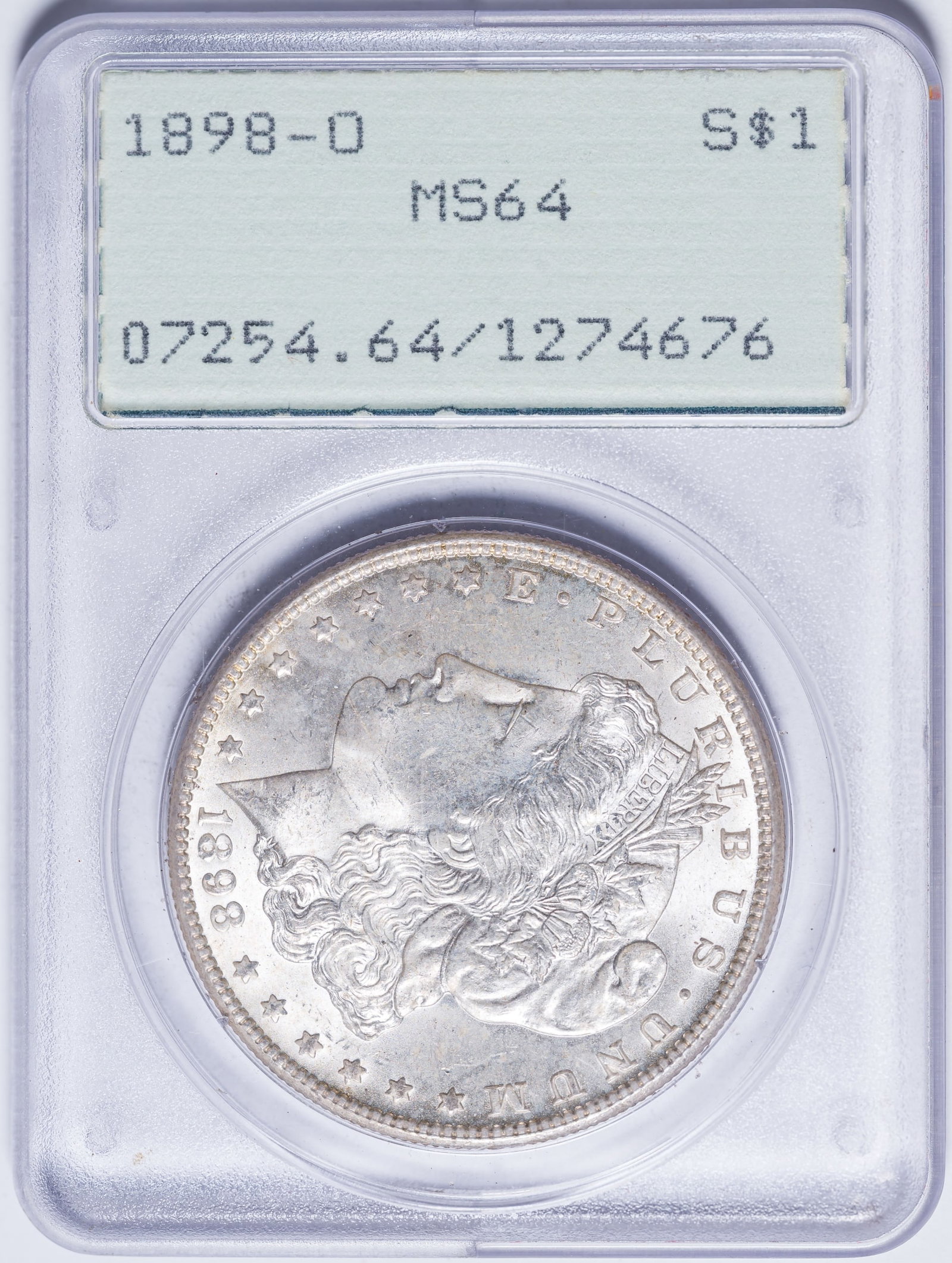 PCGS MS-64 1898-O Morgan Dollar: Bright and lustrous with strong cartwheel activity. In an old-style green label PCGS "Rattler" holder.