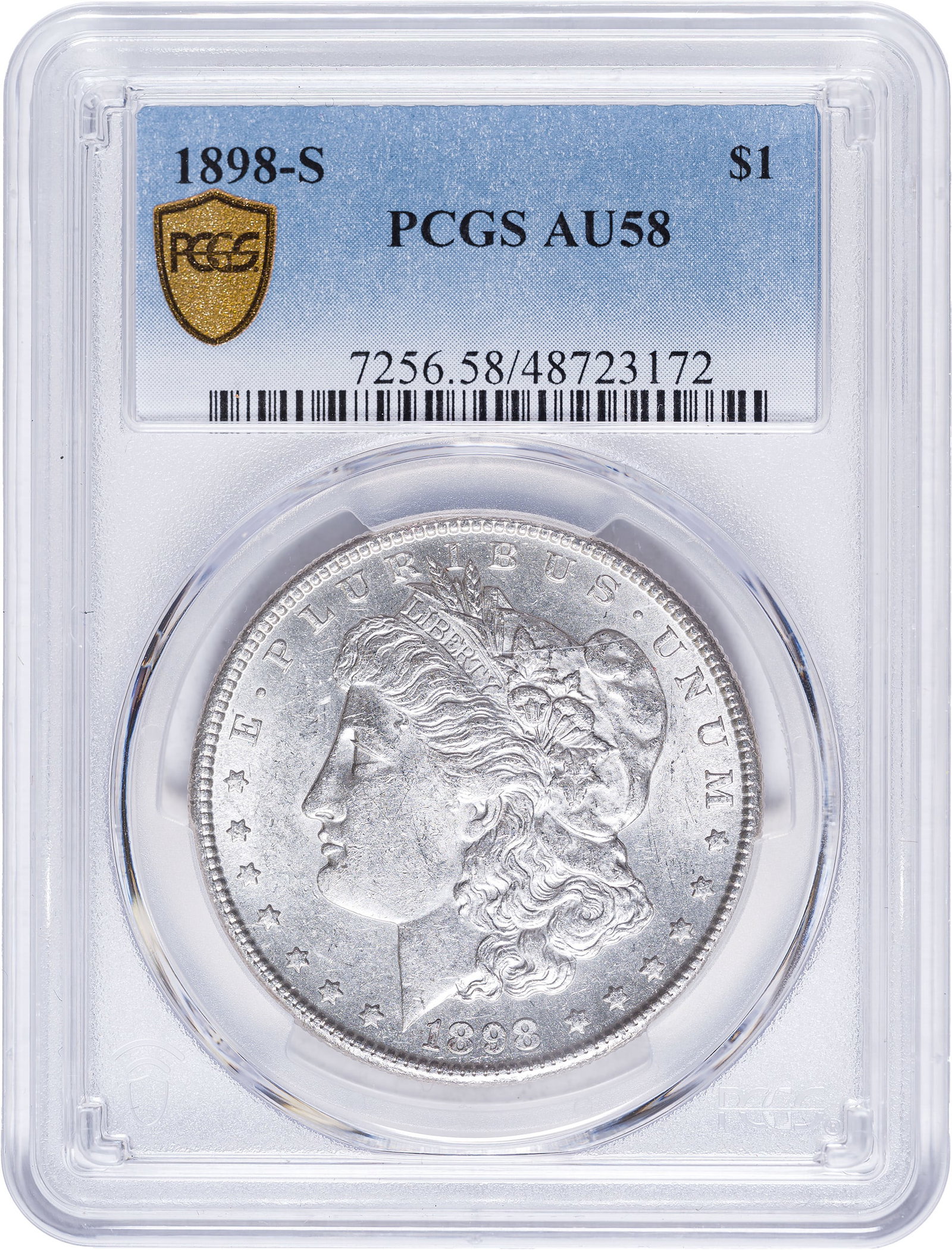 PCGS AU-58 1898-S Morgan Dollar: Brilliant and lustrous with frosty surfaces, pale champagne toning, and no serious marks.