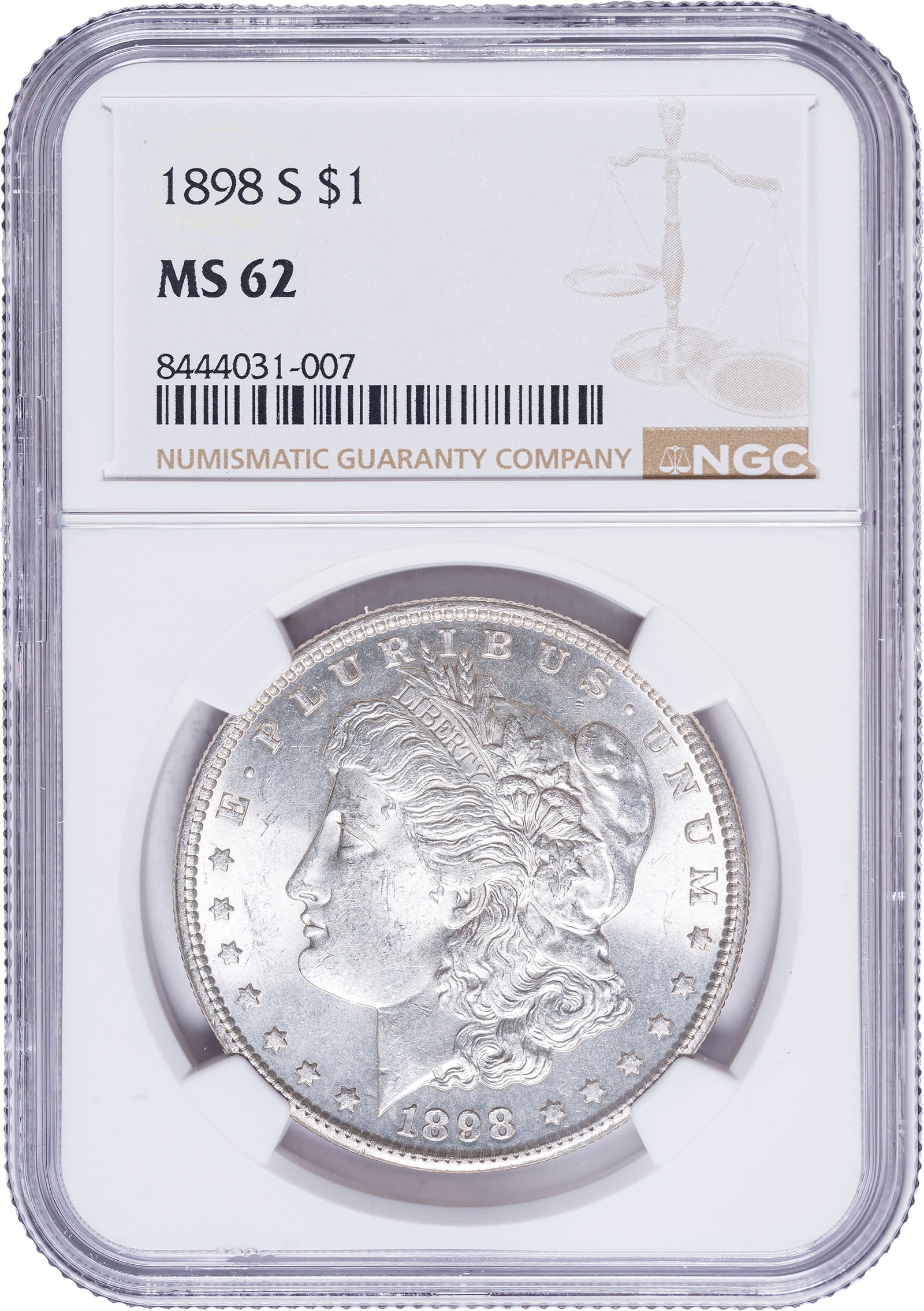 NGC MS-62 1898-S Morgan Dollar: Satiny and lustrous, with a bold strike and surfaces that we wouldn't hesitate to call MS-63.