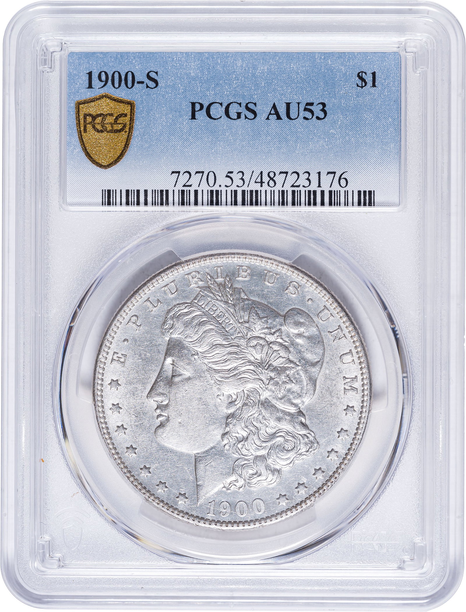 PCGS AU-53 1900-S Morgan Dollar: Bright and lustrous with pale champagne-gold iridescence throughout.
