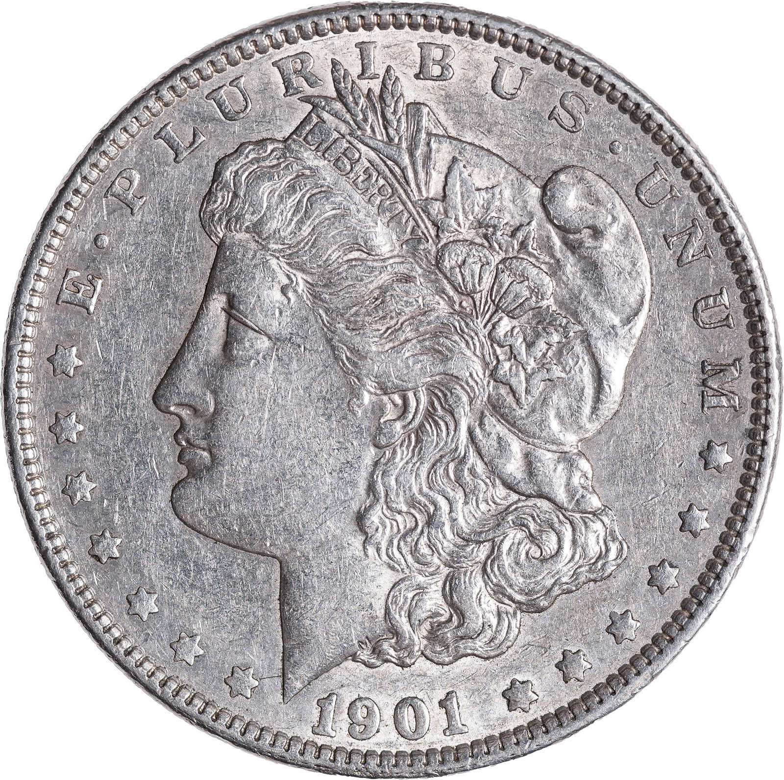 AU-50 1901 Morgan Dollar: Lustrous, strictly original surfaces with a pale golden sheen.