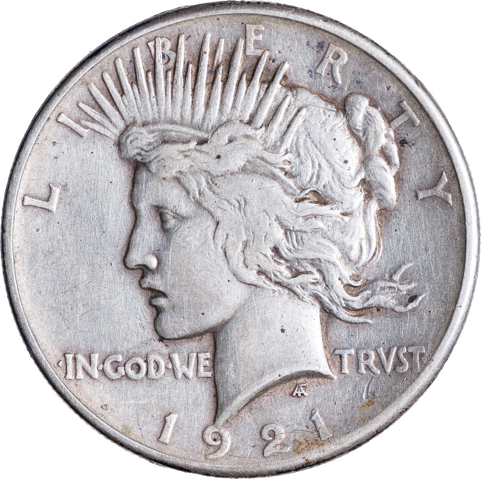 EF-40 1921 Peace Dollar: Pale golden-gray surfaces.