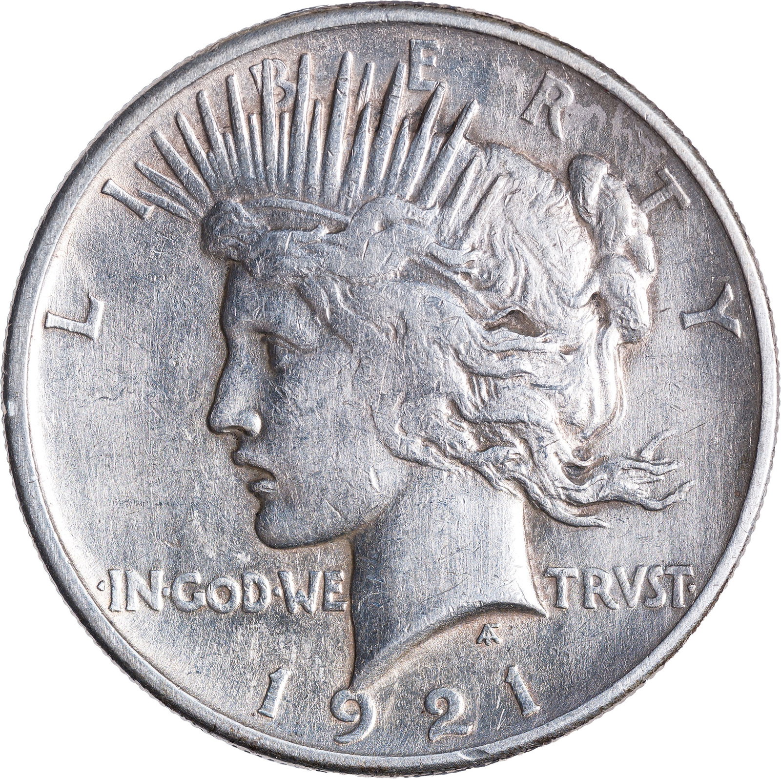 EF-40 Details 1921 Peace Dollar: Lightly cleaned but to no great distraction.
