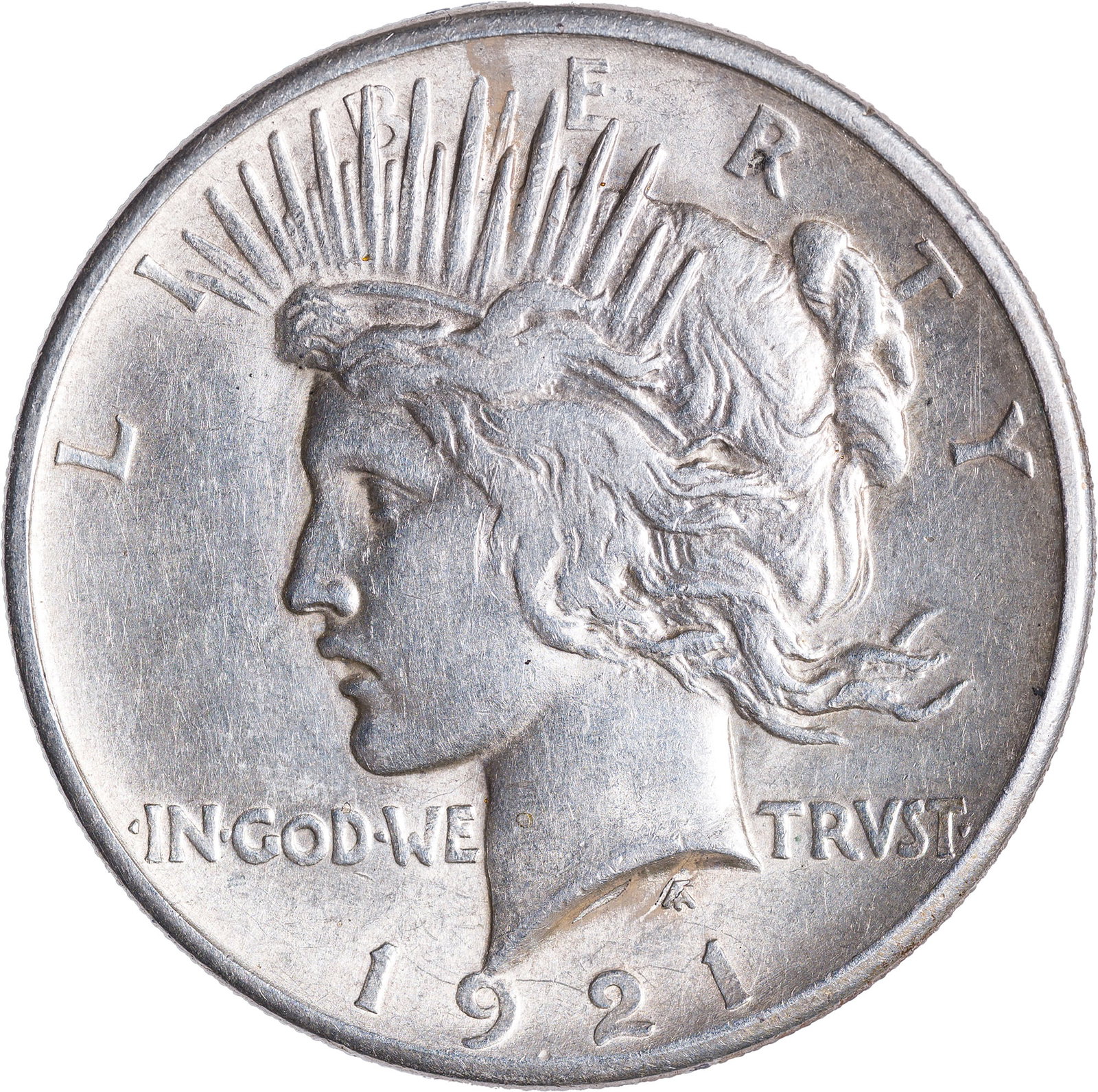 AU-50 1921 Peace Dollar: Lustrous and mark-free with lively golden highlights.