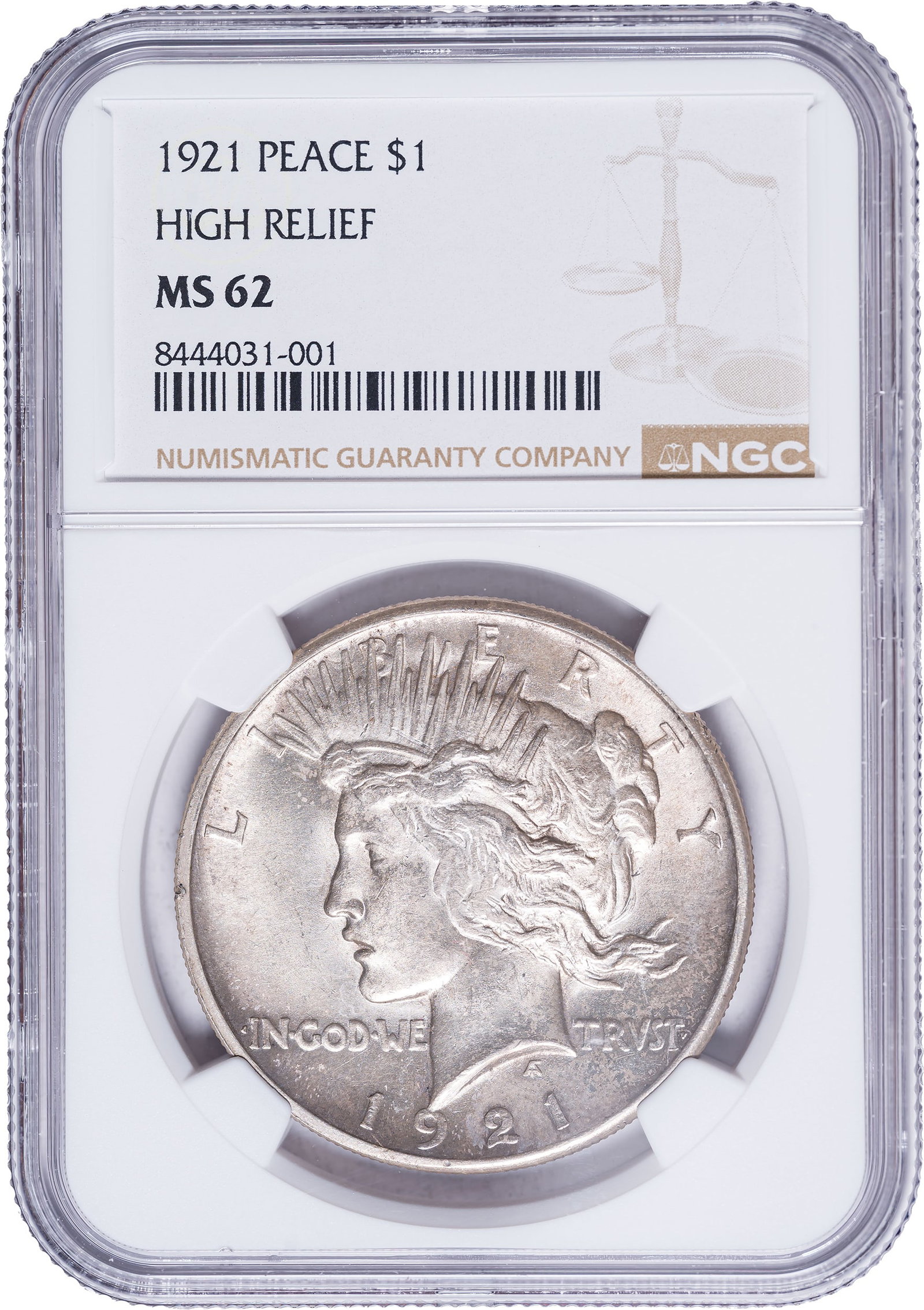 NGC MS-62 1921 Peace Dollar: Lustrous with pale golden toning.