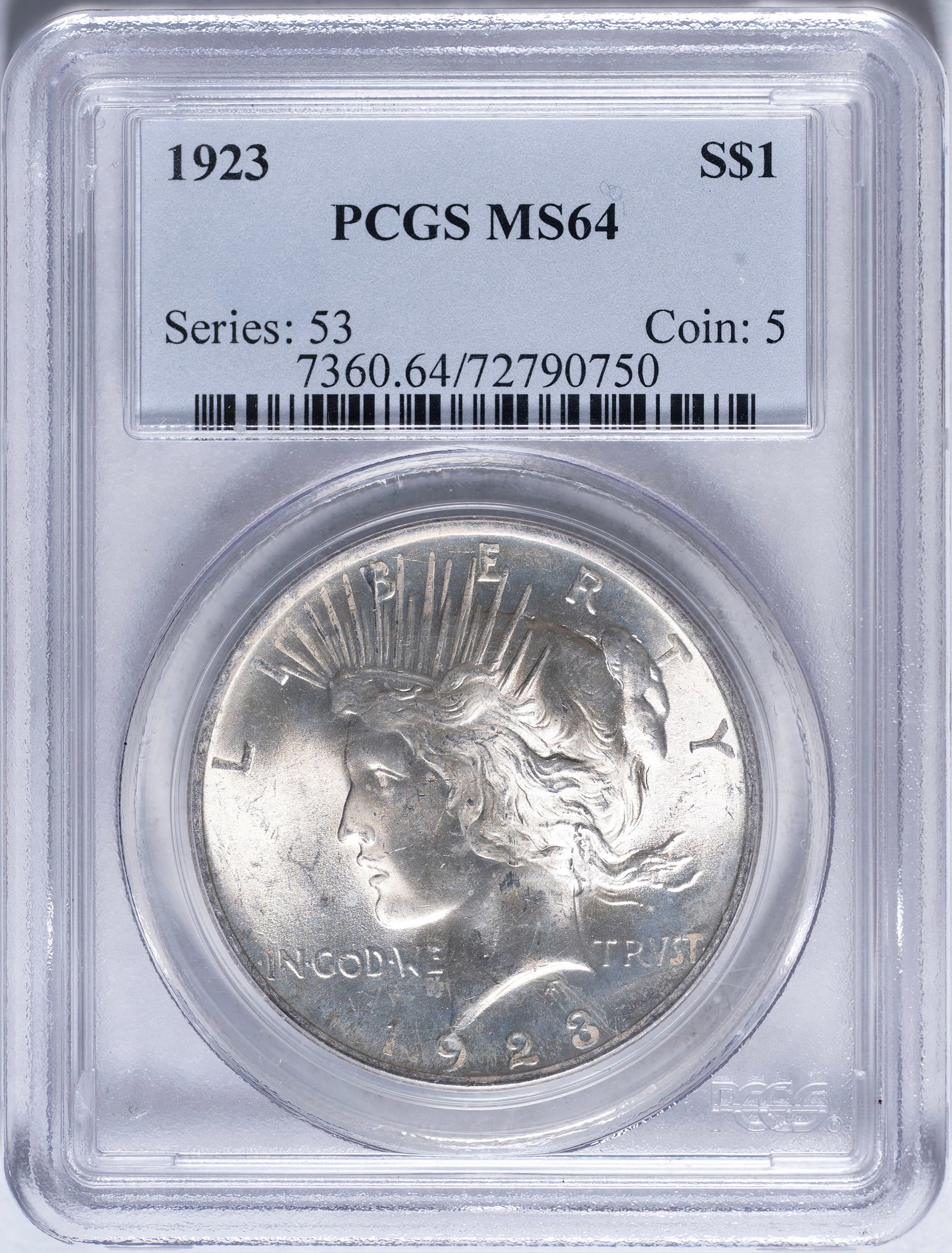 PCGS MS-64 1923 Peace Dollar: Brilliant and fully lustrous.