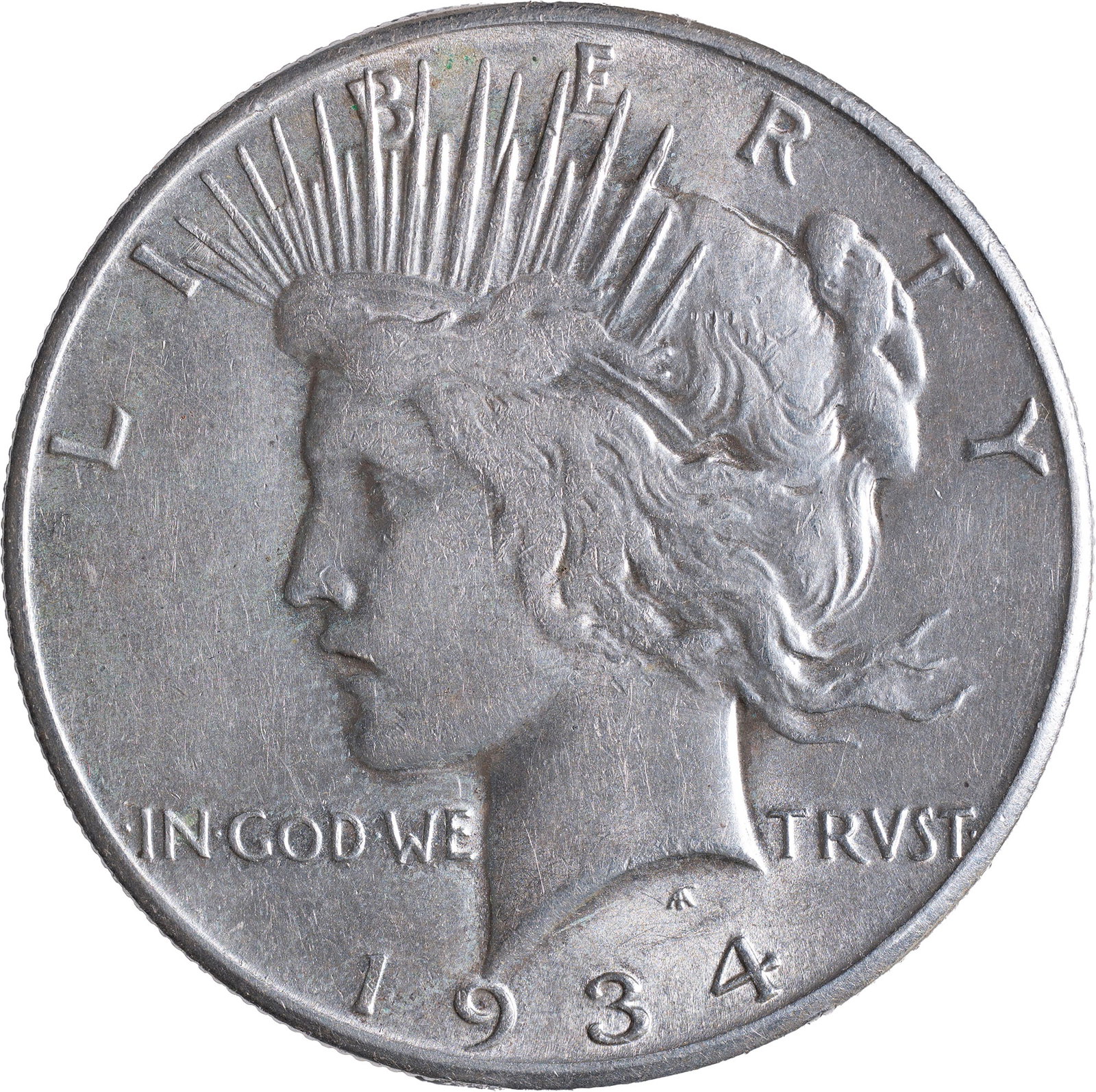 Choice AU-55 1934-S Peace Dollar: Satiny, bright, and lustrous.