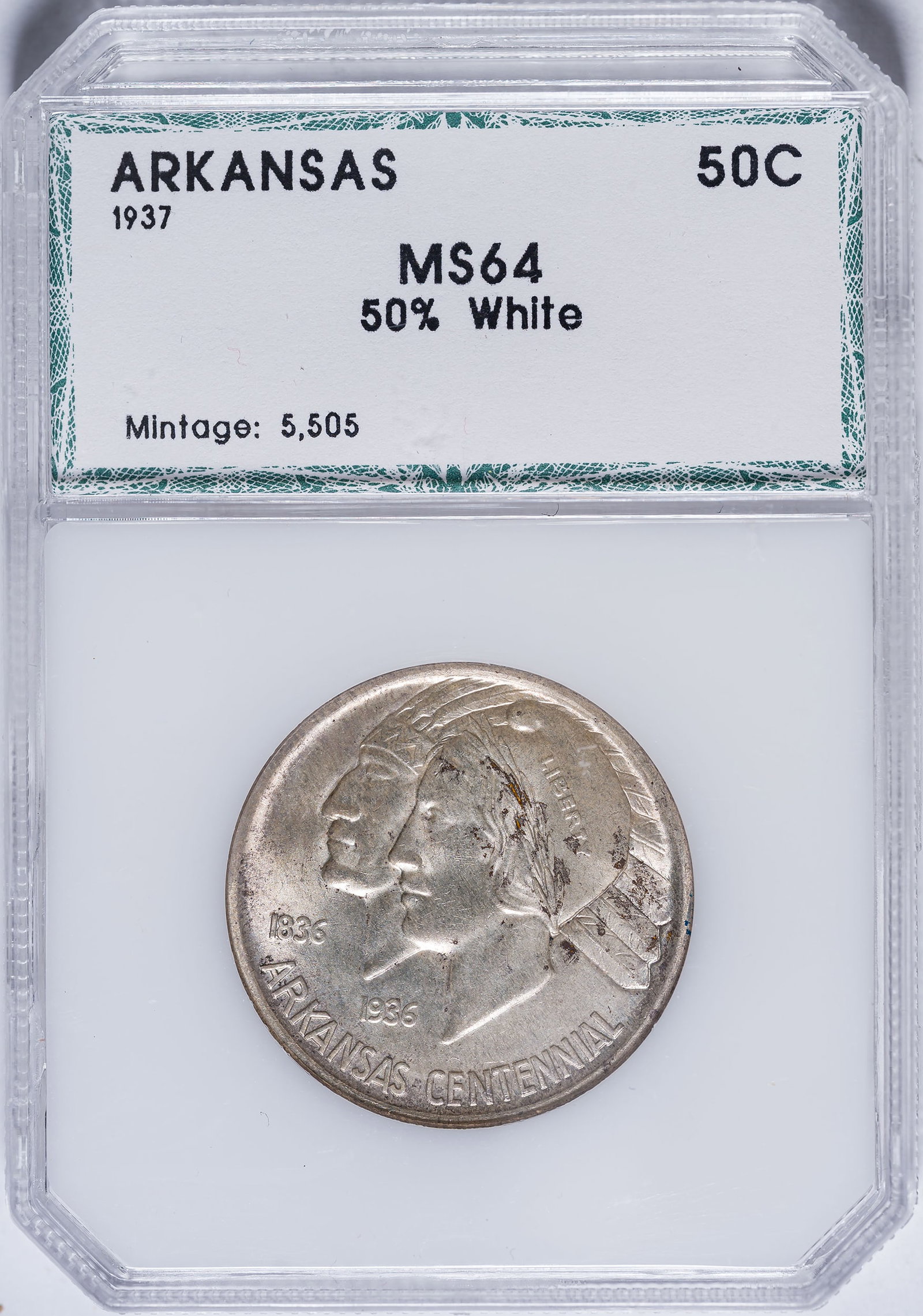 PCI MS-64 1937 Arkansas Half Dollar: Lustrous with pale golden highlights.