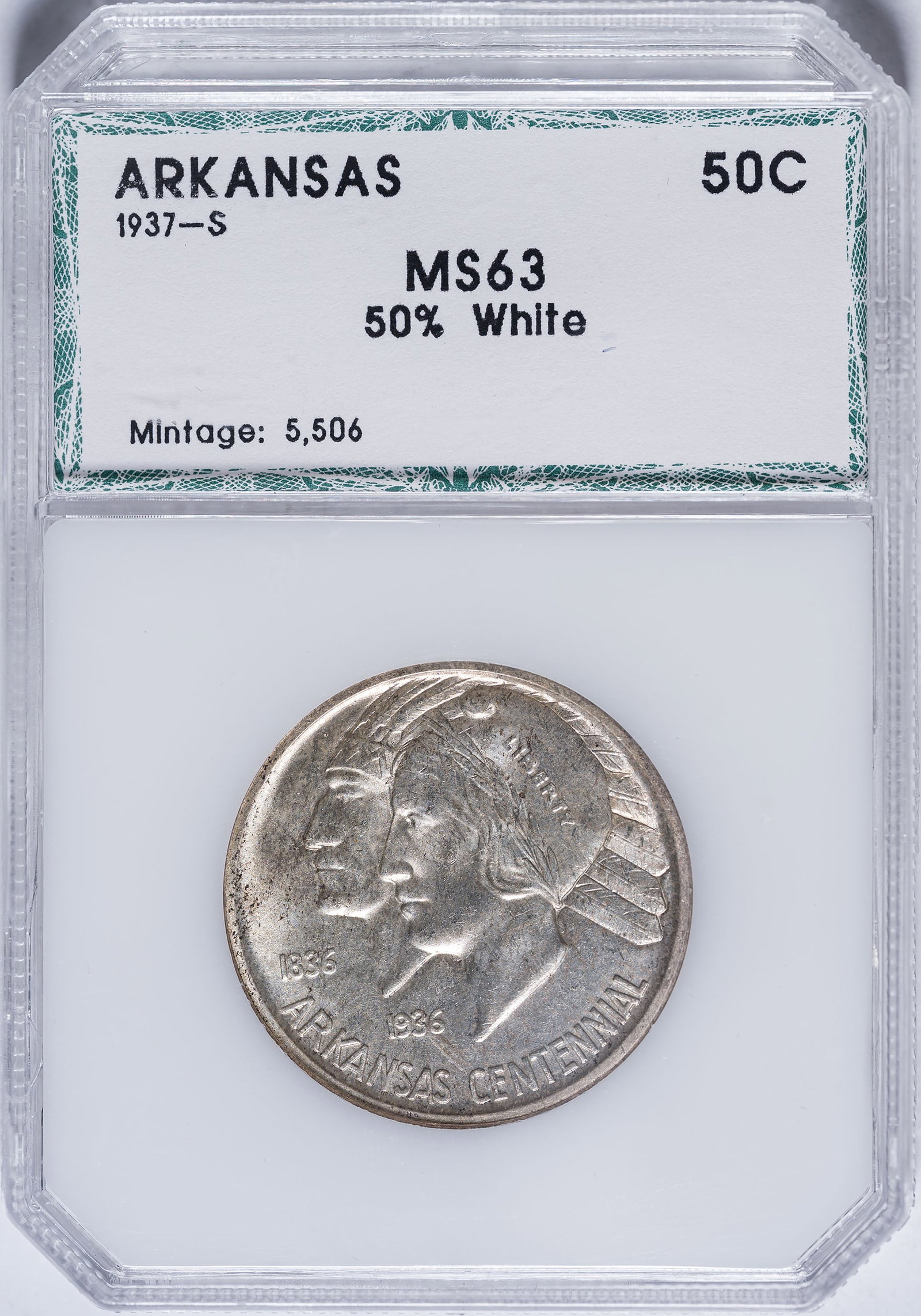 PCI MS-63 1937-S Arkansas Half Dollar: Satiny pale golden surfaces.