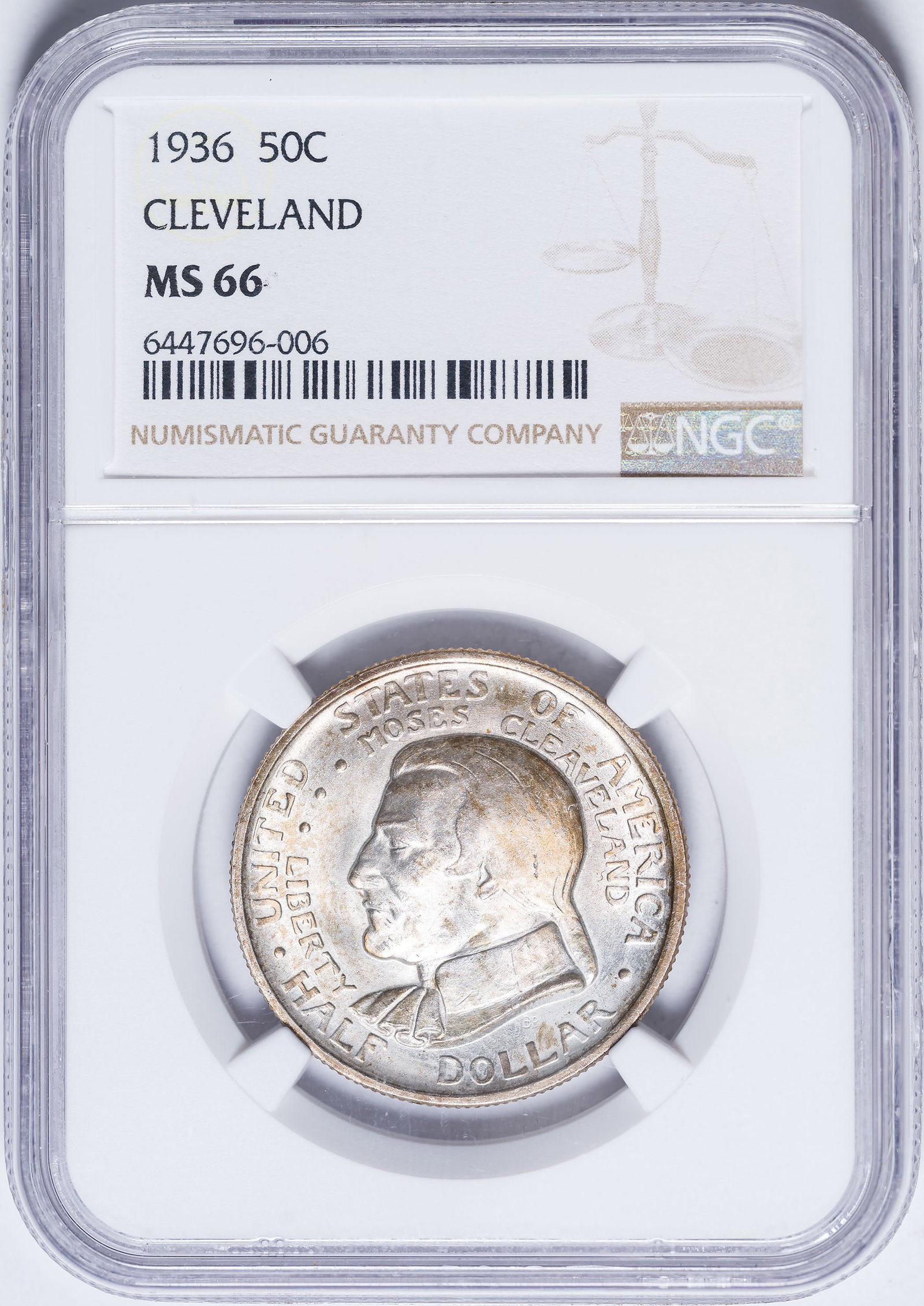 NGC MS-66 1936 Cleveland Half Dollar: Satiny and lustrous with a golden-orange glow throughout.