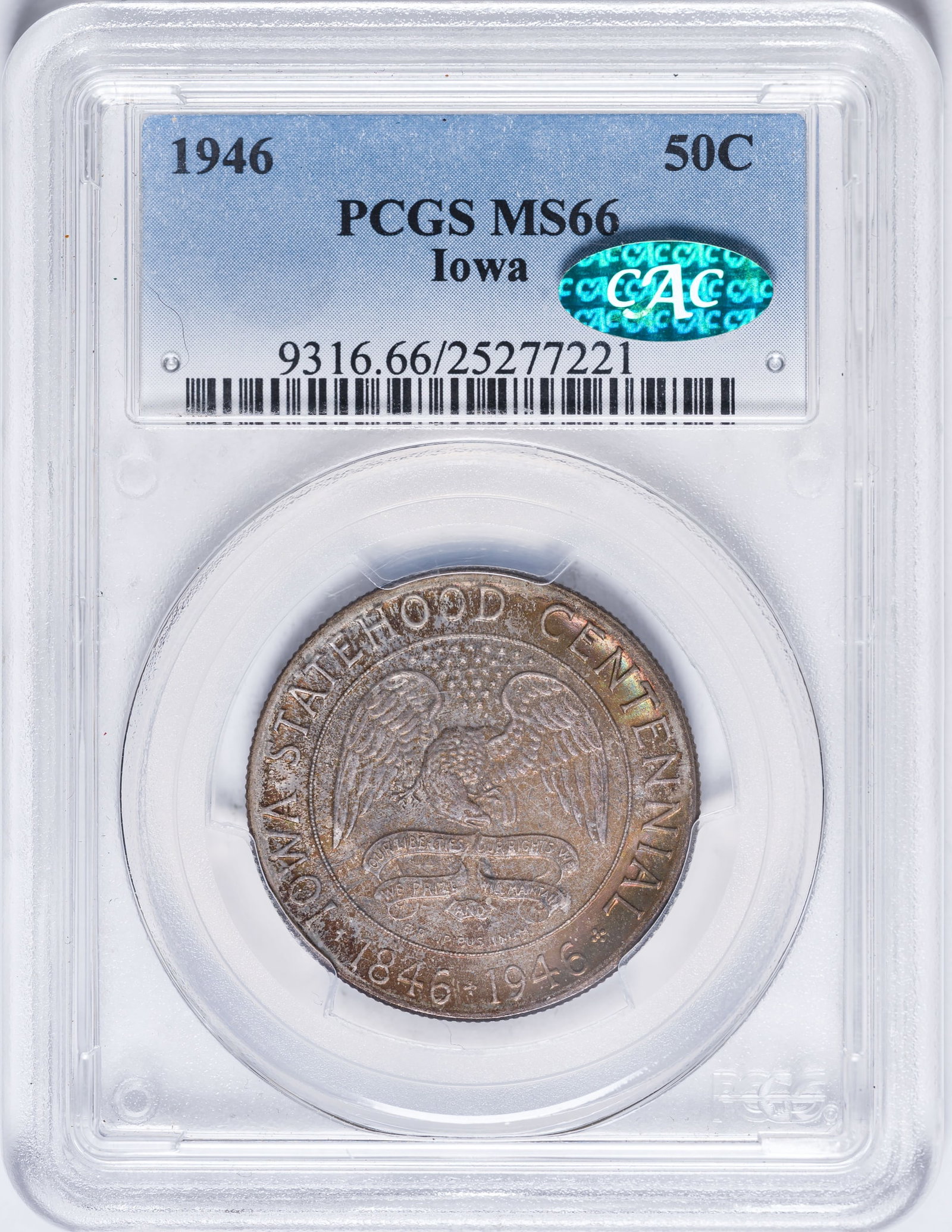 PCGS MS-66 CAC 1946 Iowa Half Dollar: Lustrous if somewhat dull smoky gray with vibrant pastel toning that comes into play in a bright light source.