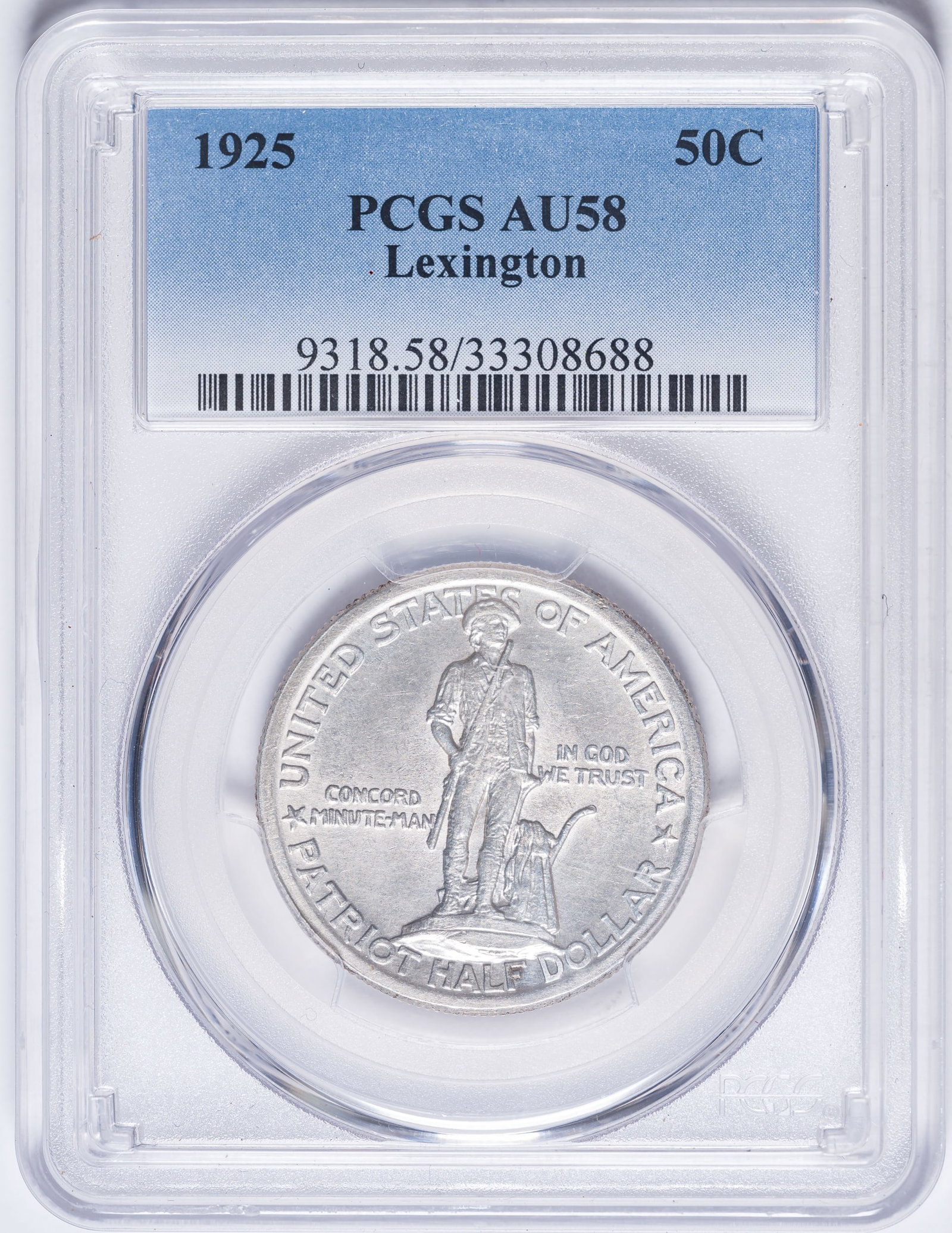 PCGS AU-58 1925 Lexington-Concord Half Dollar: Fully brilliant and highly lustrous with a touch of golden iridescence. The writer's wife is directly descended from a Patriotic Minute Man who was on the field the day the "Shot Heard 'Round the Worl
