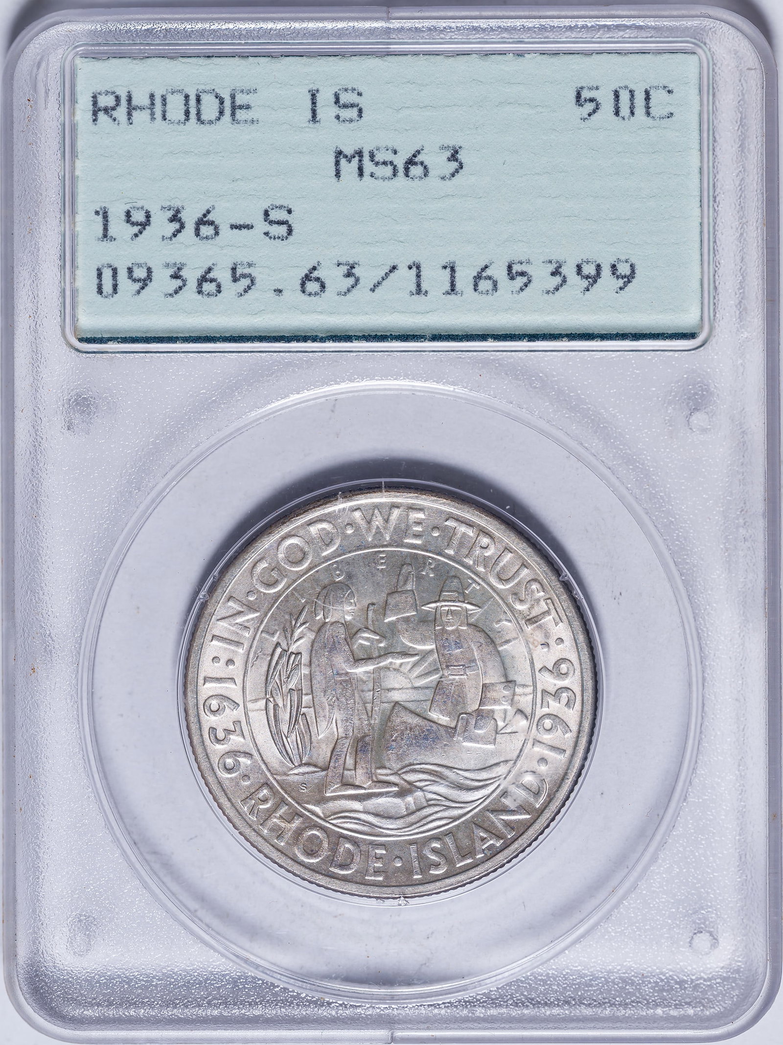 PCGS MS-63 1936-S Rhode Island Half Dollar: Frosty and lustrous with a trace of rose iridescence. In an old-style green label PCGS "Rattler" holder.
