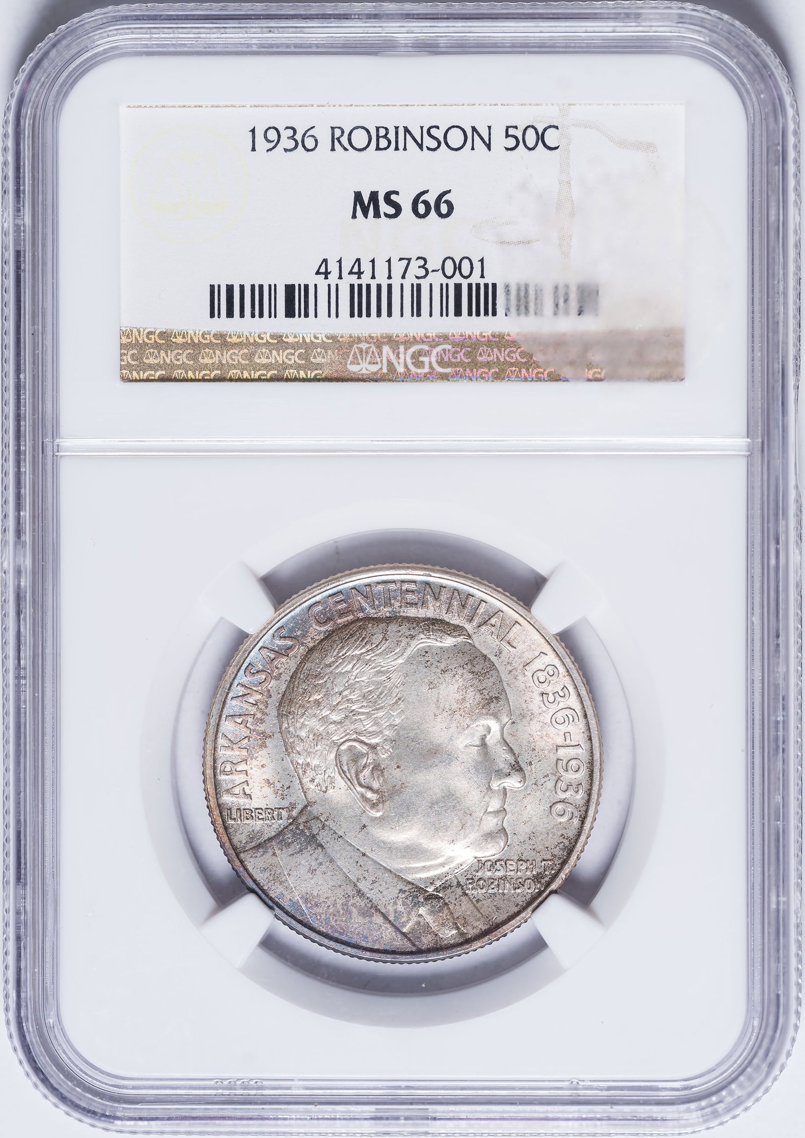 NGC MS-66 1936 Robinson-Arkansas Half Dollar: Satiny, bright, and lustrous, with golden highlights here and there.