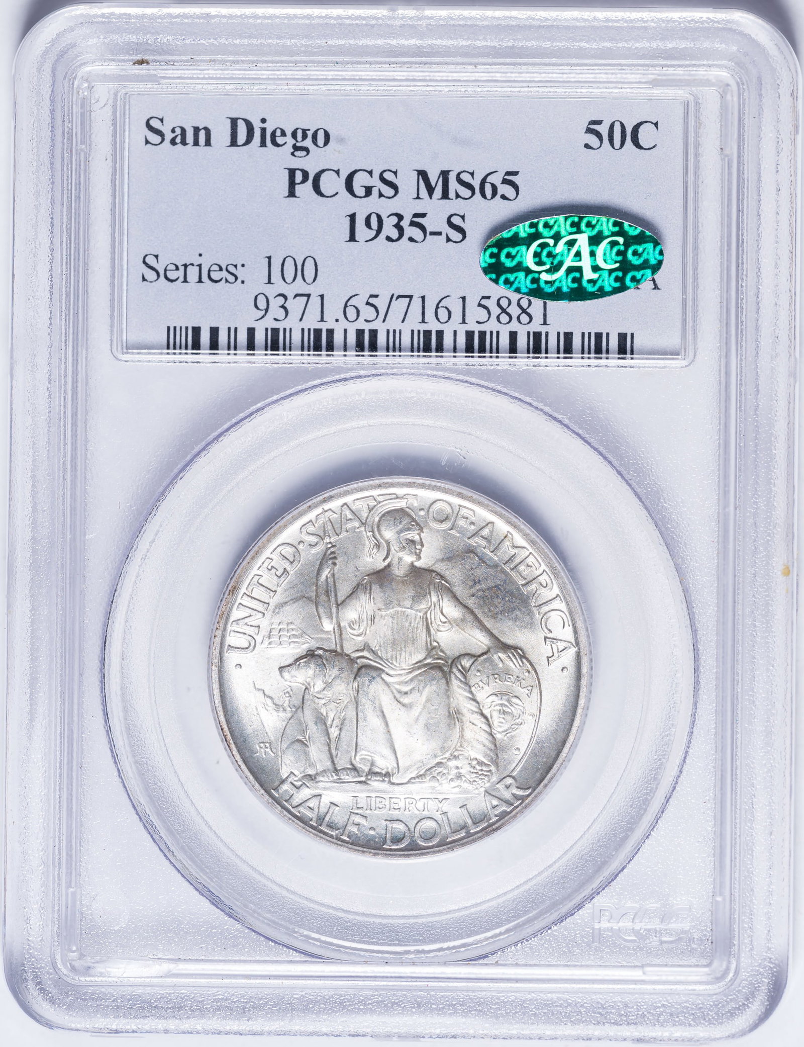 PCGS MS-65 CAC 1935-S San Diego Half Dollar: Satiny, bright, and lustrous, with a whisper of golden iridescence.