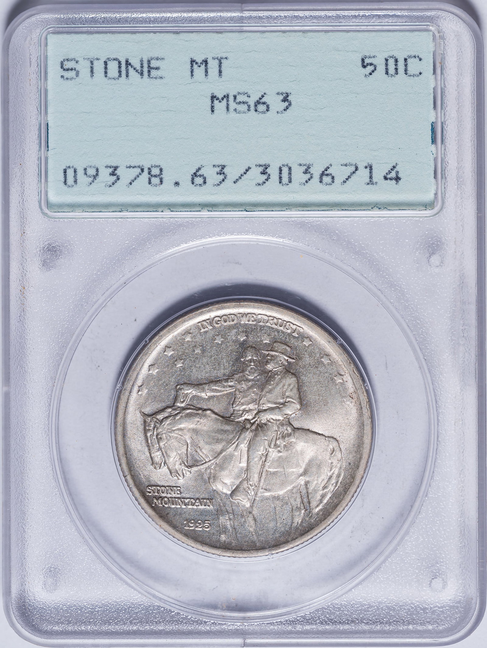 PCGS MS-63 1925 Stone Mountain Half Dollar: Lustrous and satiny champagne-gold surfaces. Housed in an early generation PCGS holder.