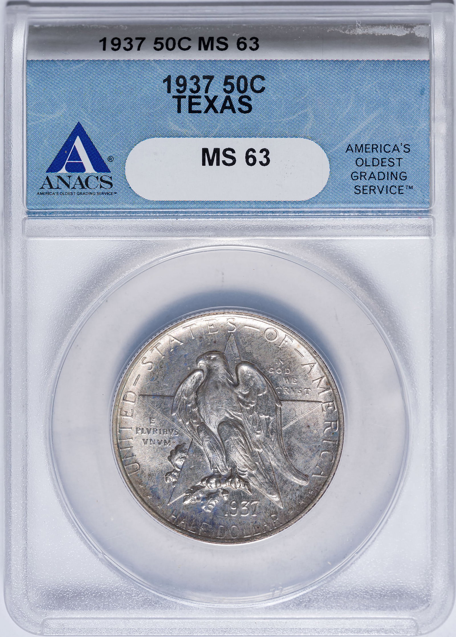 ANACS MS-63 1937 Texas Half Dollar: Satiny and lustrous with a pale champagne-gold cast.