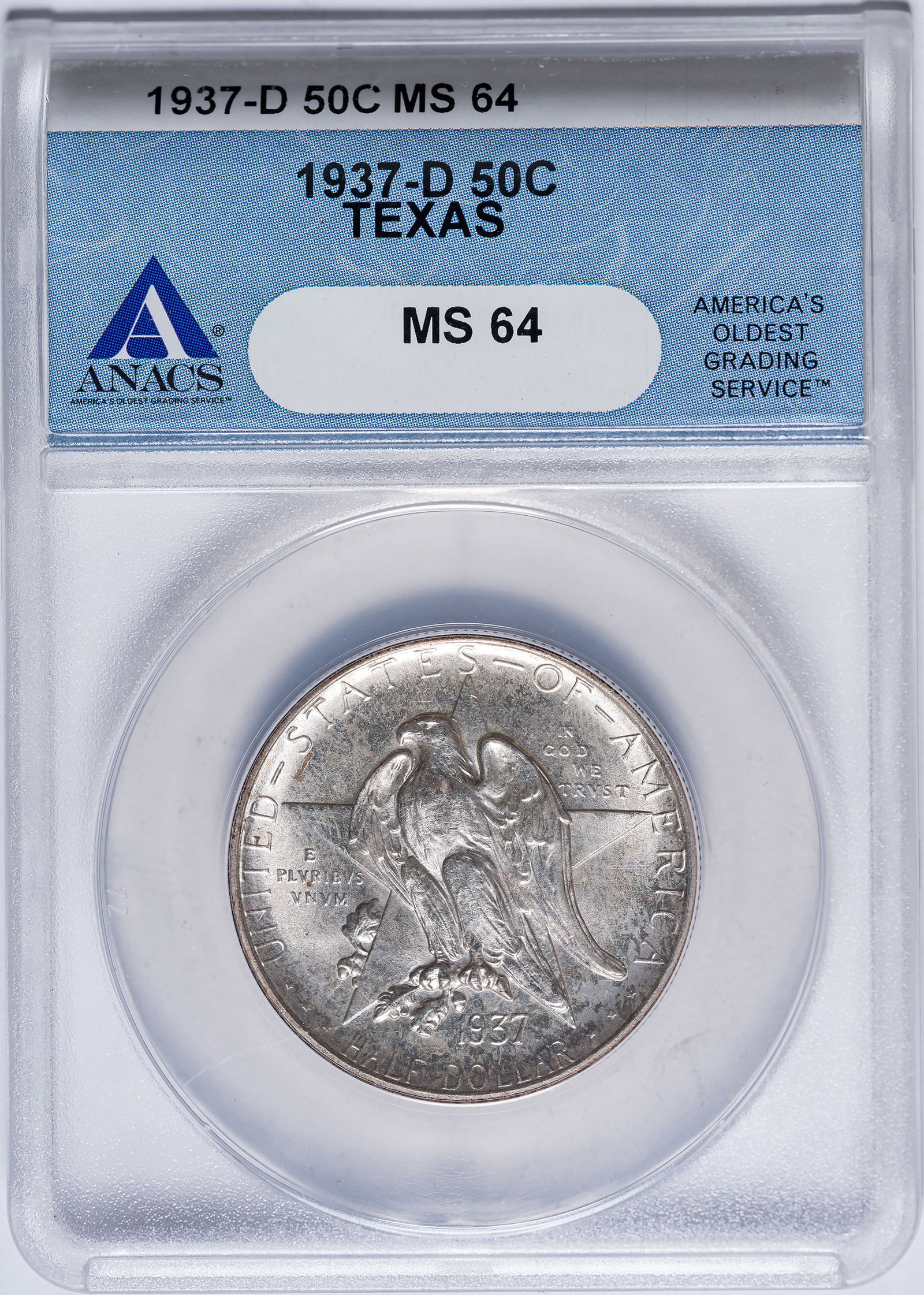 ANACS MS-64 1937-D Texas Half Dollar: Bright and lustrous.