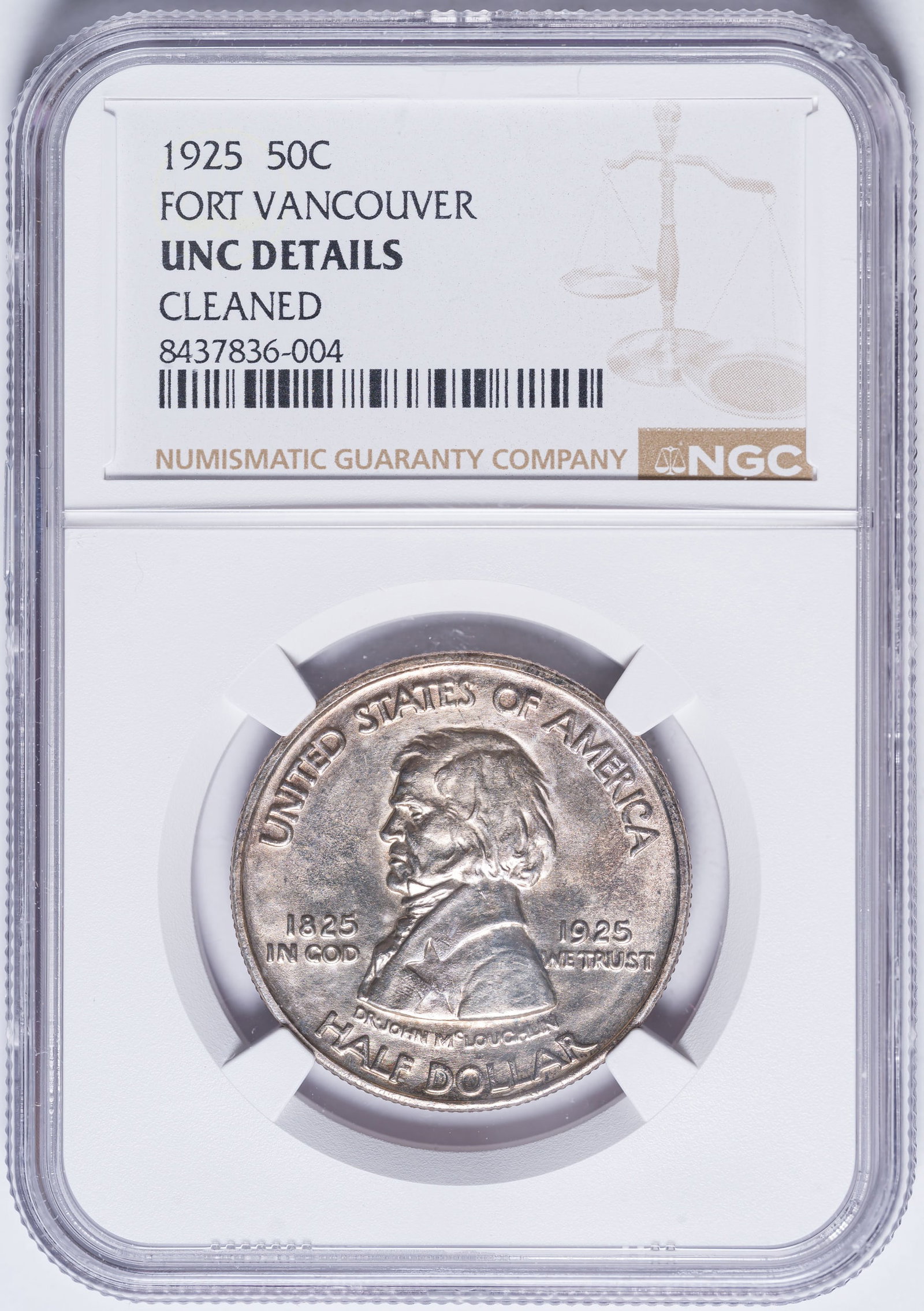 NGC Unc Details 1925 Fort Vancouver Half Dollar: Cleaned. Not an upsetting coin despite the NGC qualifier. Now retoned in shades of lively gold. Far nicer in-hand than the description suggests.