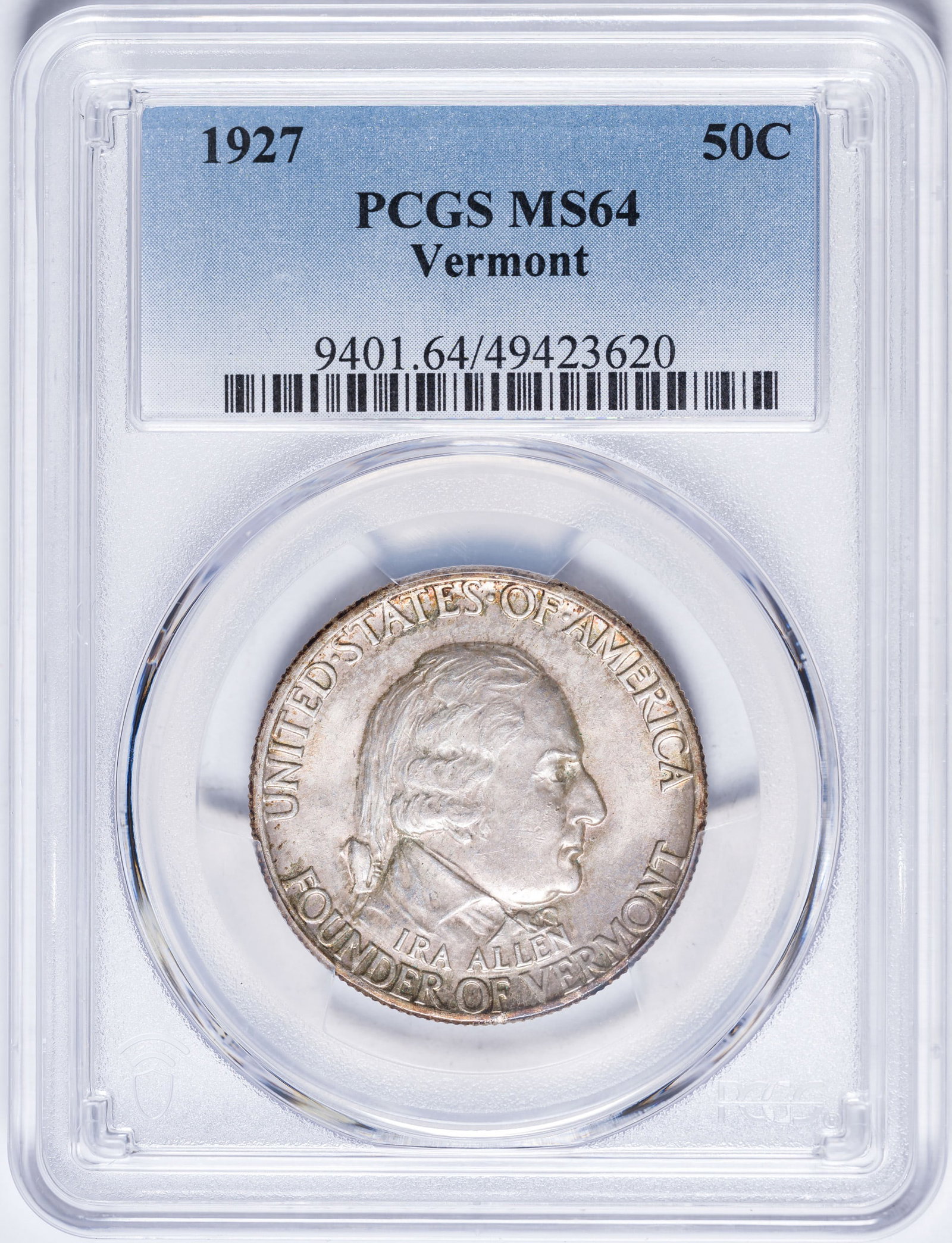 PCGS MS-64 1927 Vermont Half Dollar: Softly lustrous silver-gray surfaces with pale gold and olive highlights.