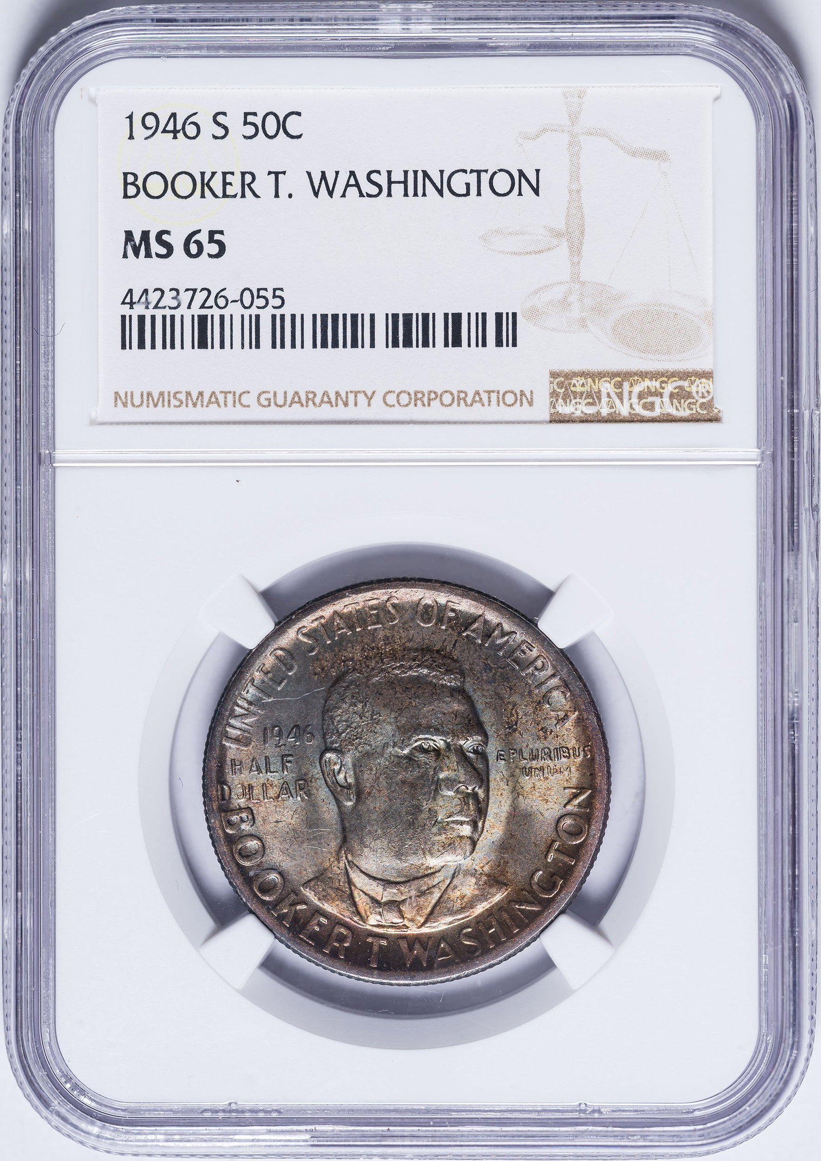 NGC MS-65 1946-S B.T. Washington Half Dollar: Deeply toned. Deep gray and blue iridescence from stem to stern.