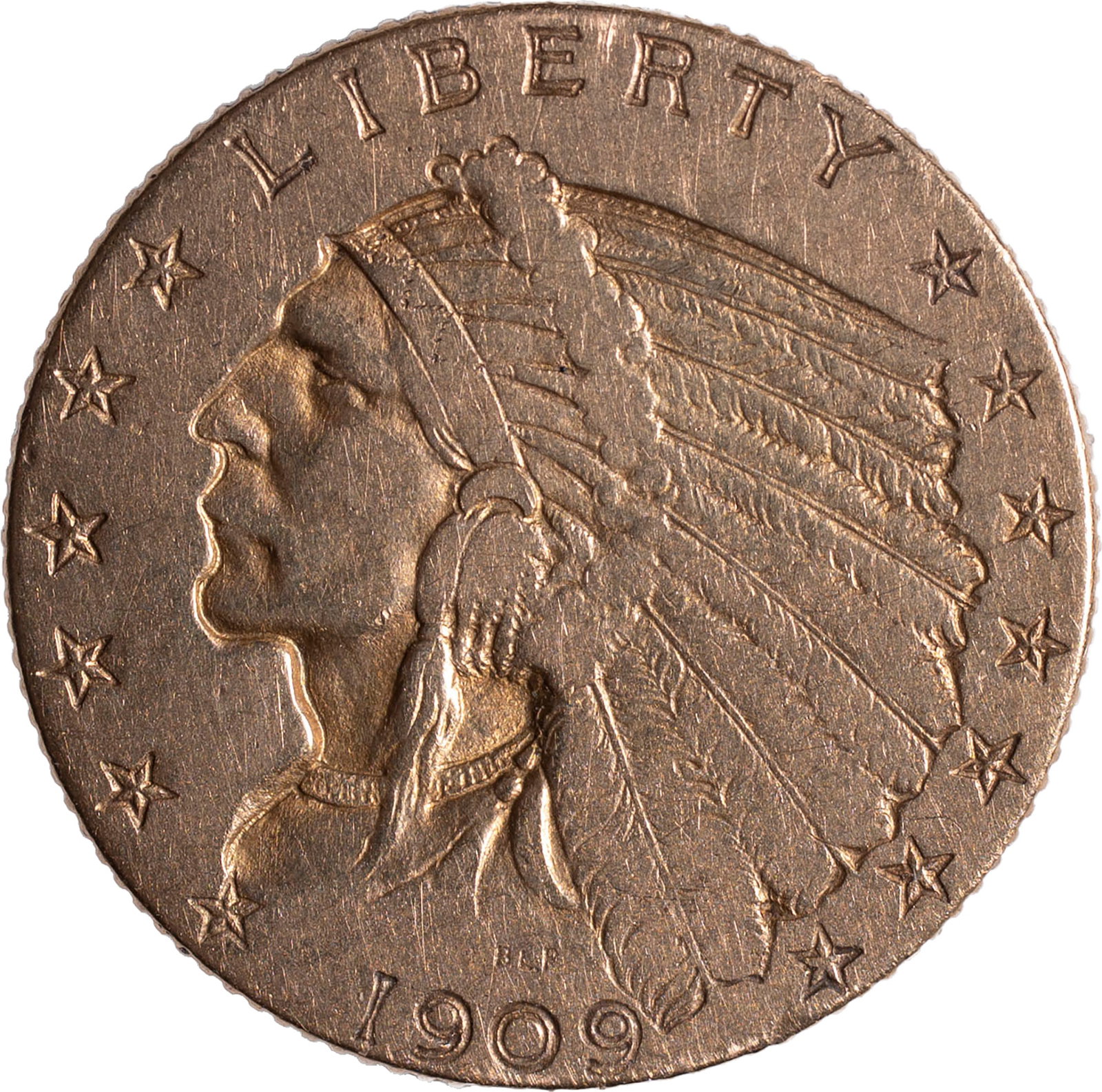 VF 1909 $2.50 Gold Indian: Shows a few minor scratches.