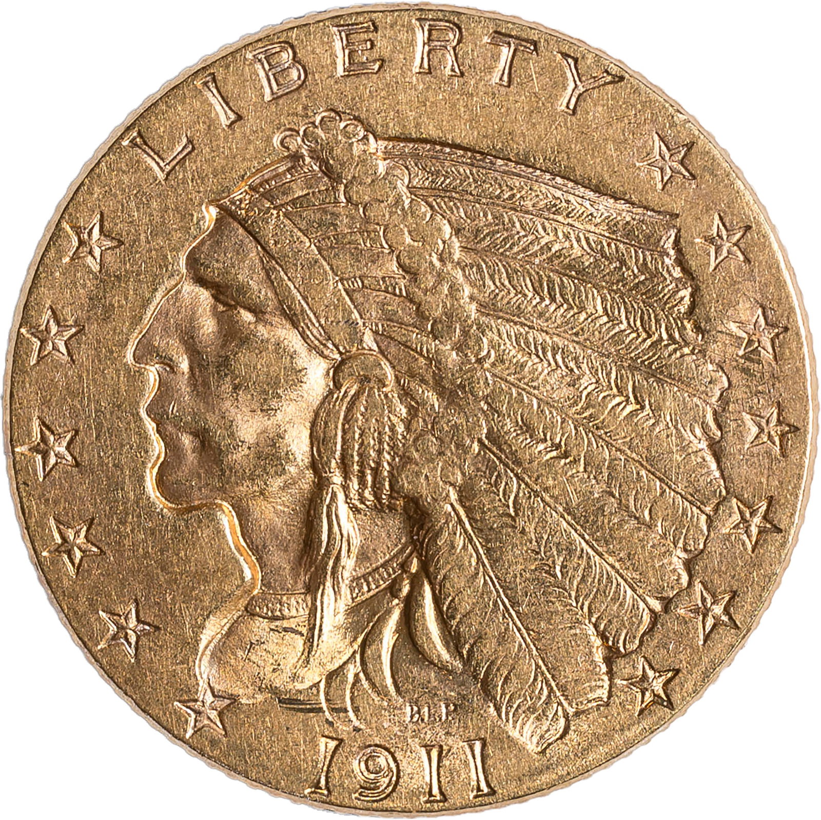 MS-60+ 1911 $2.50 Gold Indian: Satiny and lustrous.