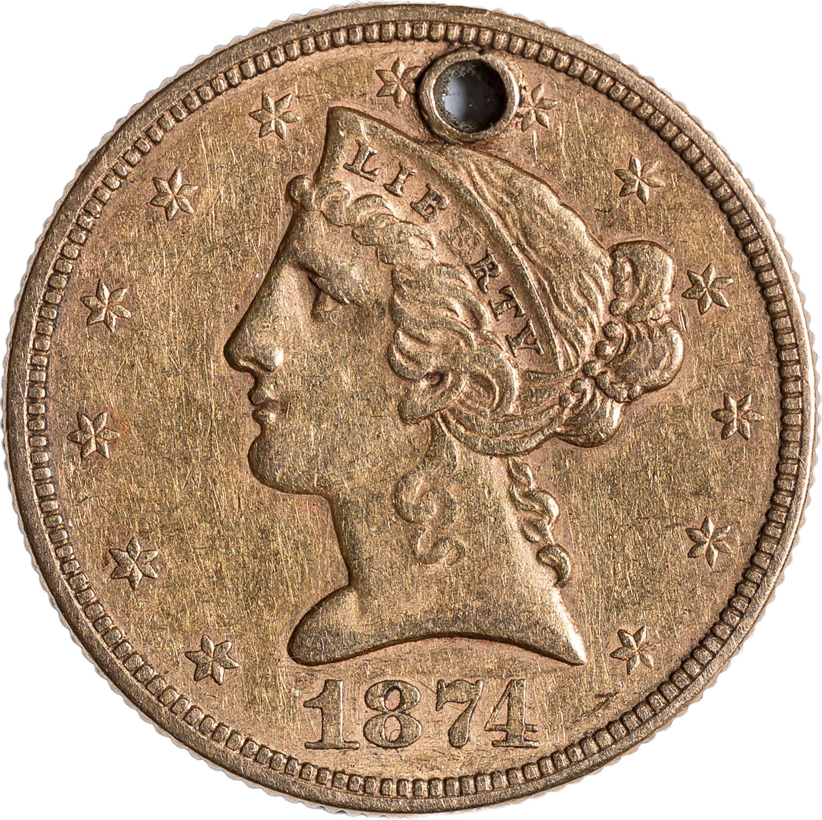 EF to AU Details 1874 $5 Gold Liberty: Holed at 12:00. Medium honey-gold with olive highlights, and with traces of mint bloom in the protected areas. Only 3,488 examples of the date were struck, making for an elusive rarity in any grade.