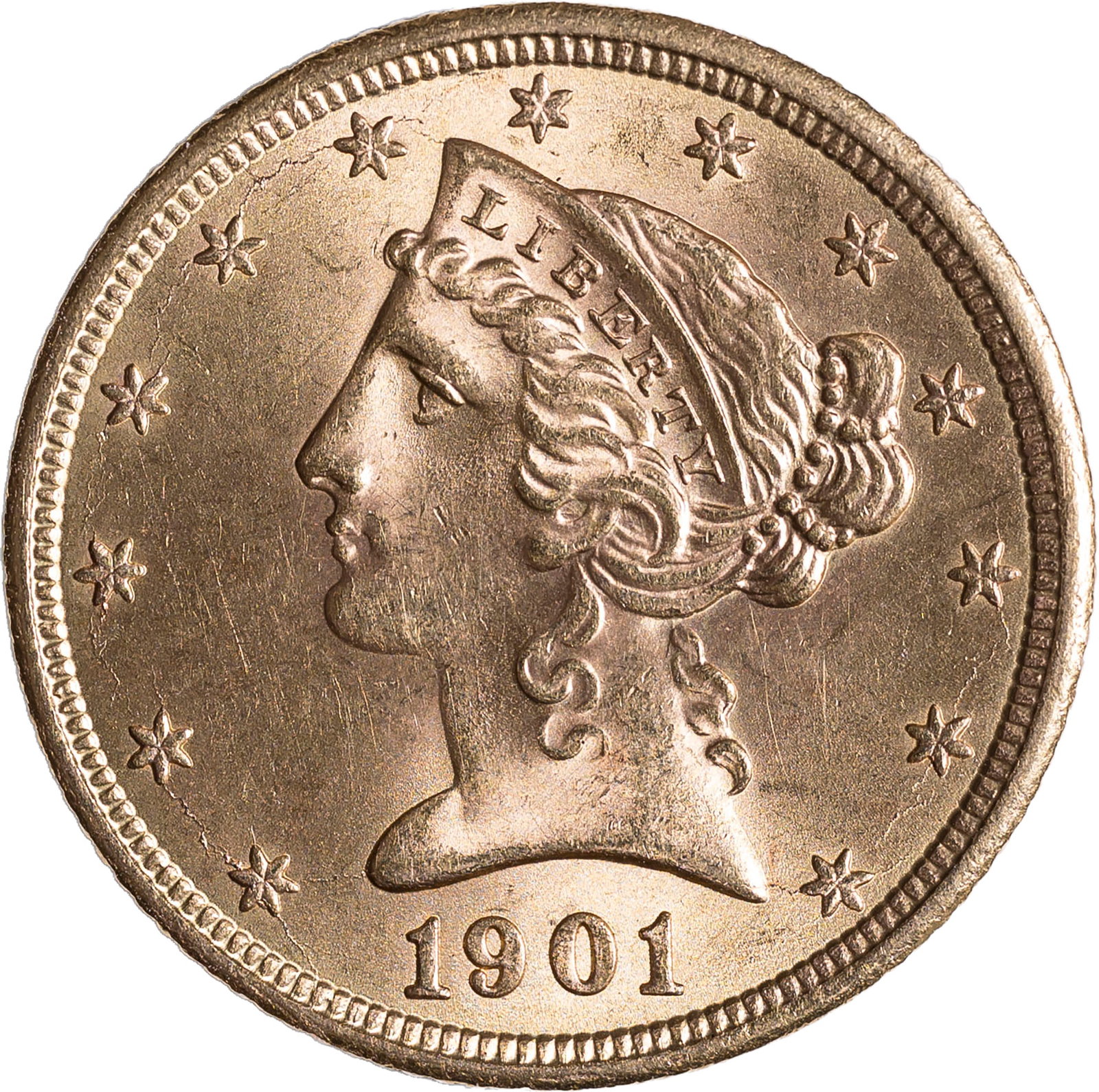 Choice MS-64 1901-S $5 Gold Liberty: Frosty, bright, and lustrous, and one of those coins that could just as easily uphold the standards of a finer grade. Choice.