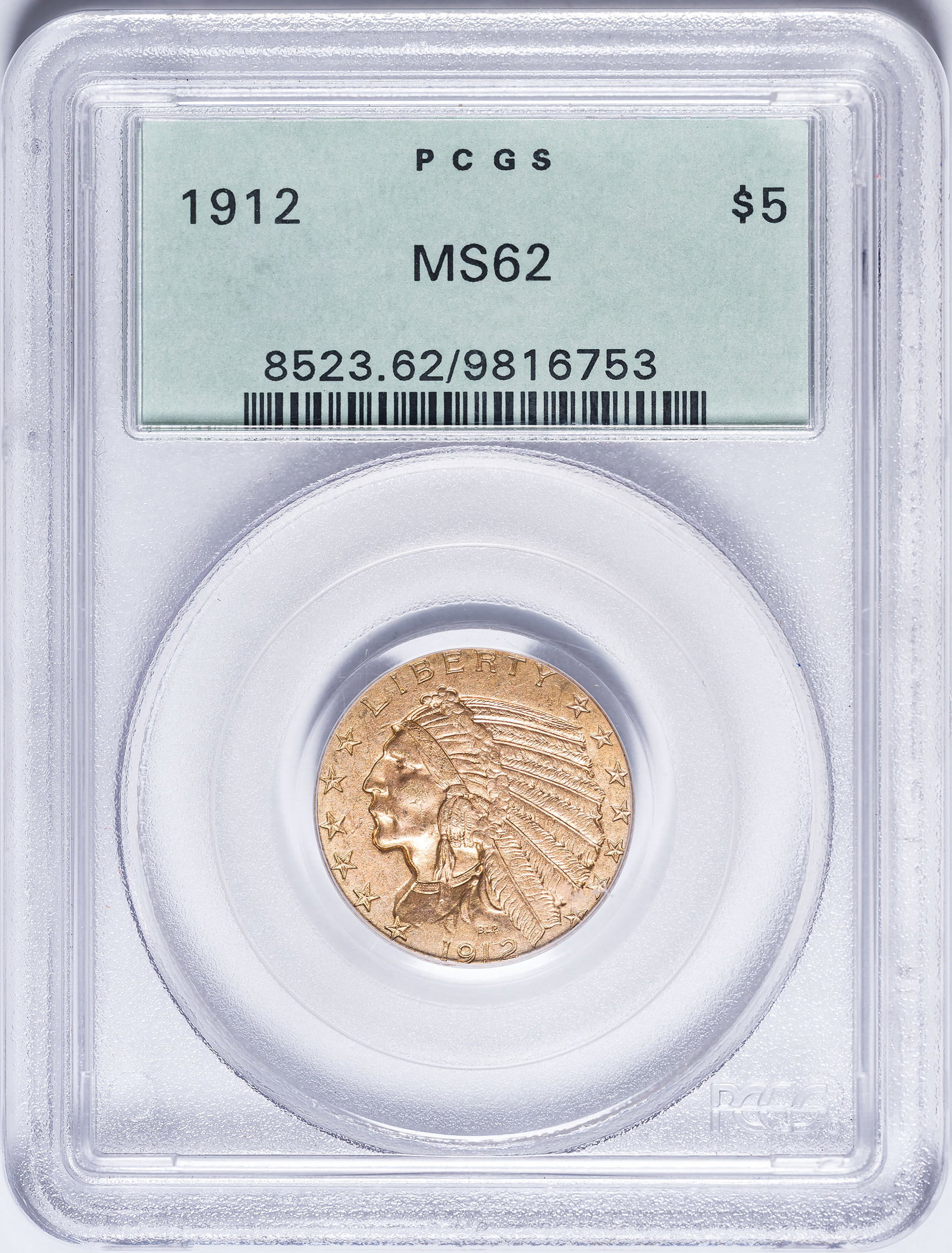 PCGS MS-62 1912 $5 Gold Indian: Satiny and brightly lustrous honey-gold with a decided olive glow. In an old-style green label PCGS holder with plastic frame.
