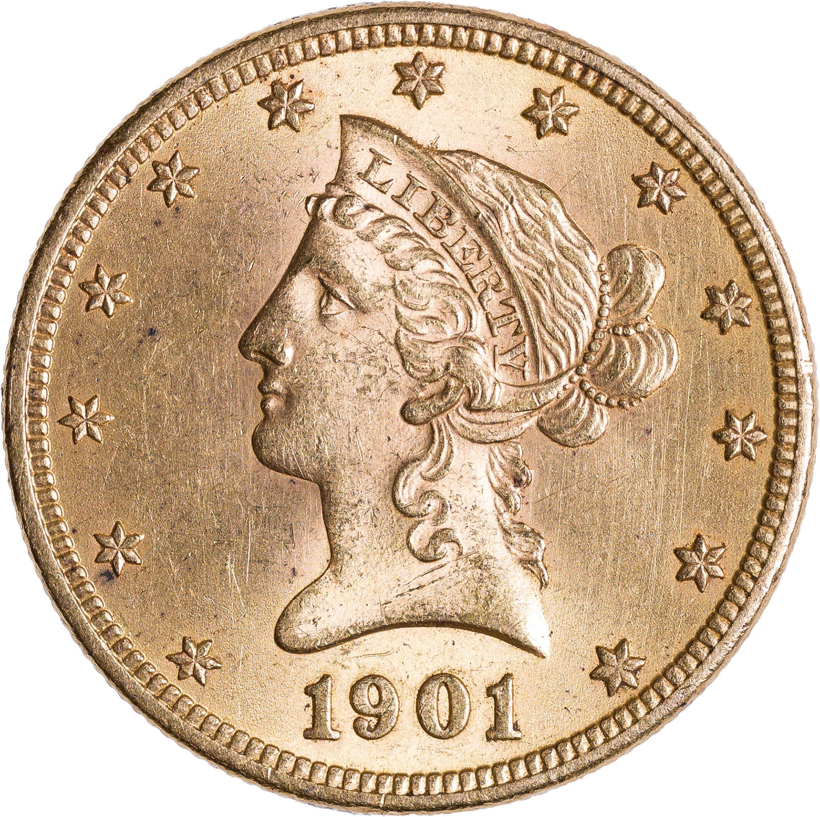 MS-62+ 1901 $10 Gold Liberty: A frosty and lustrous specimen that adds new meaning to the MS-62 grade. Nice.