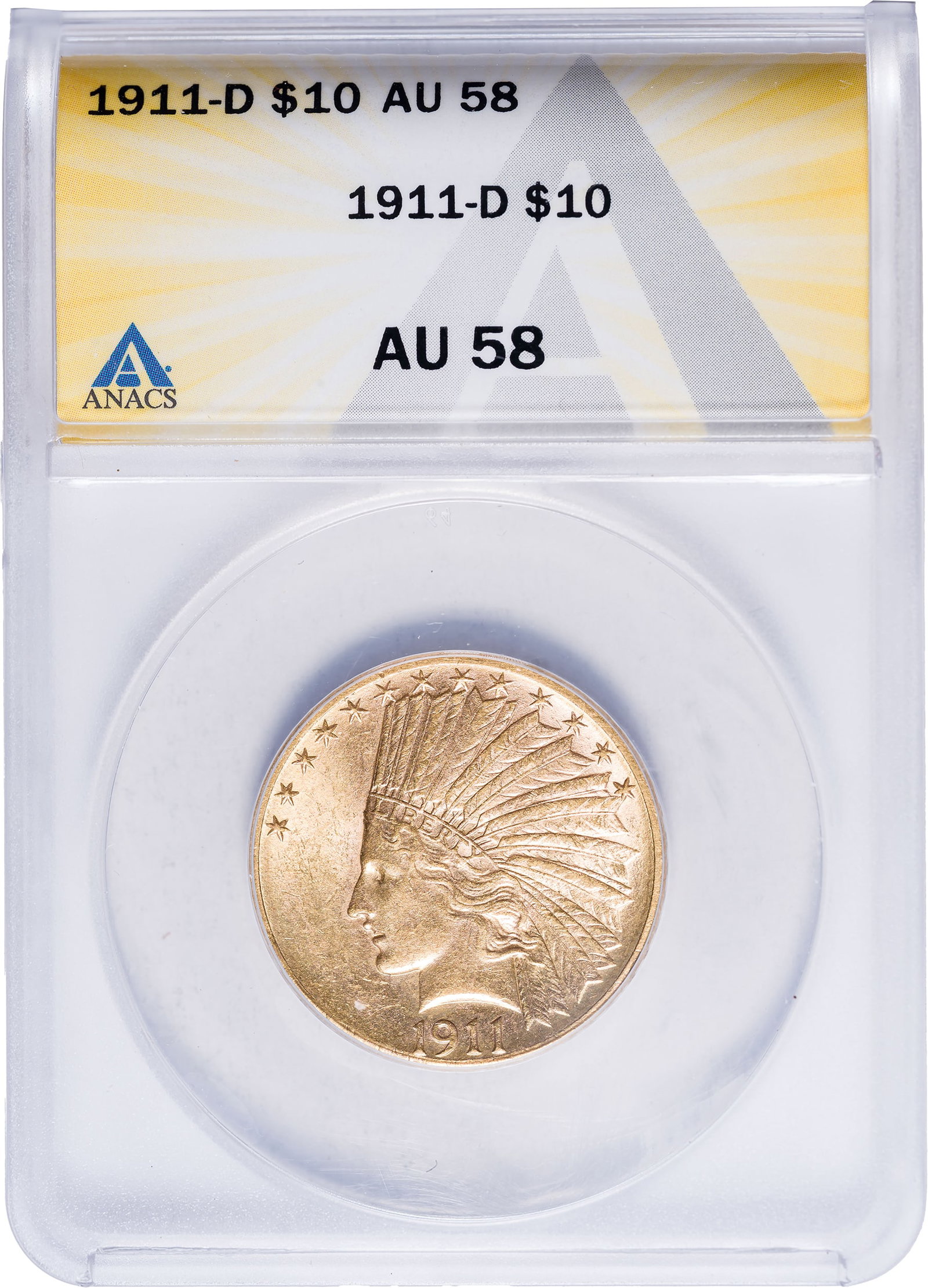 ANACS AU-58 1911-D $10 Gold Indian: A satiny and brightly lustrous Indian eagle with lively olive iridescence throughout. Rare in high grades.
