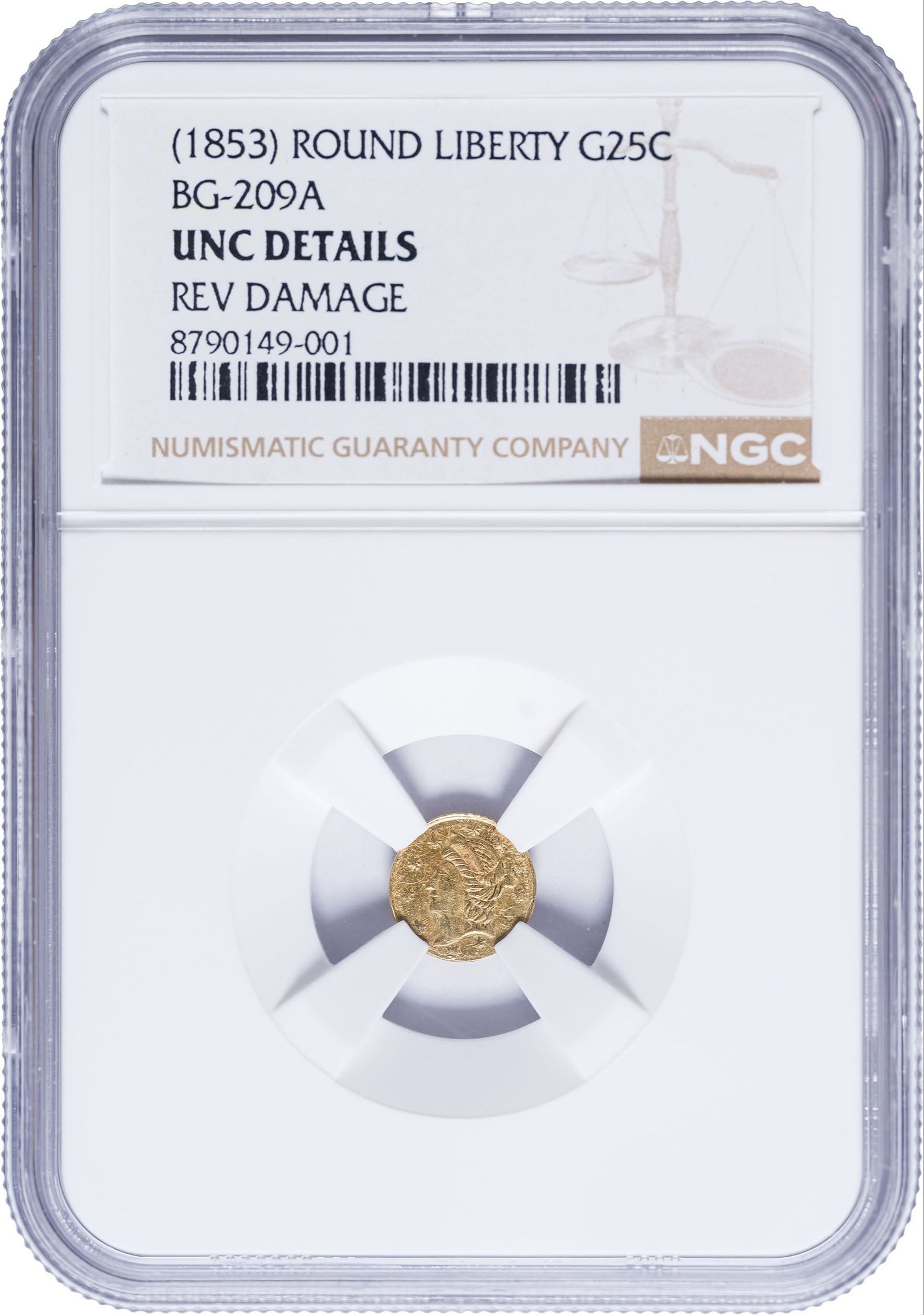 NGC Unc Details BG-209A Cal Gold 25-Cents Rarity: (1853) Reverse Damage. BG-209A. Liberty Head. Round. Rarity-8. Listed in the Breen-Gillio reference as unique! Deep honey-gold with soft underlying luster. The "Reverse Damage" amounts to some tiny pi