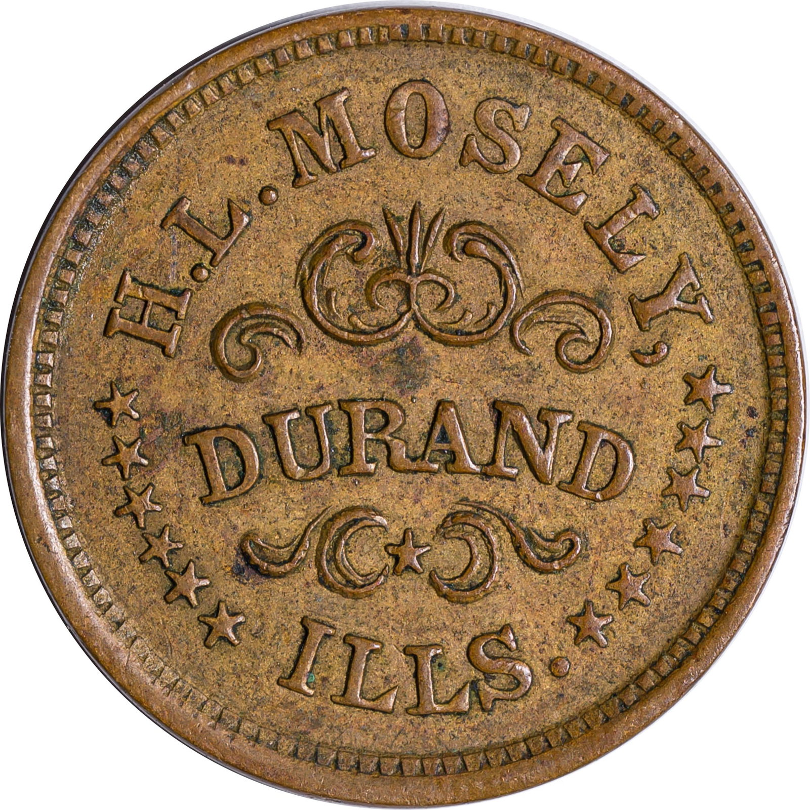 EF to AU Undated Store Card Civil War Token: Durand, Illinois. H.L. Mosely. Groceries, etc. Golden-tan throughout.