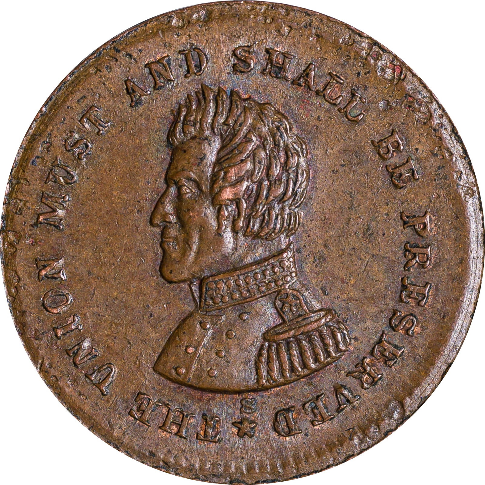 MS-60 BN 1863 Patriotic Civil War Token: Bust obverse, Snake reverse. Glossy golden-tan.
