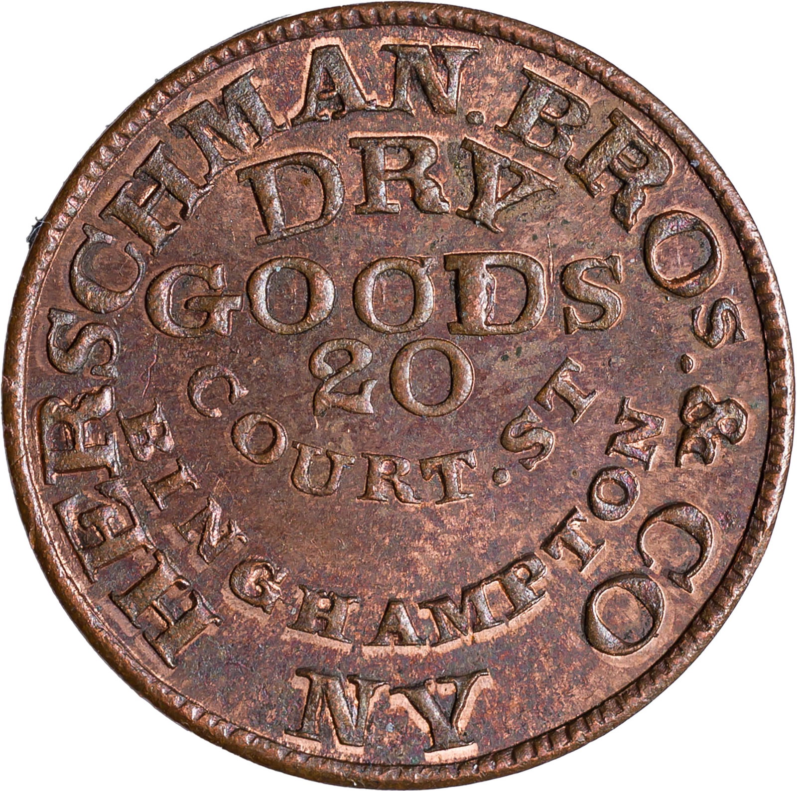 MS-60 RB Undated Store Card Civil War Token: Binghampton, New York. Herschman Bros. Dry Goods. Plenty of red remains, reverse spot noted.