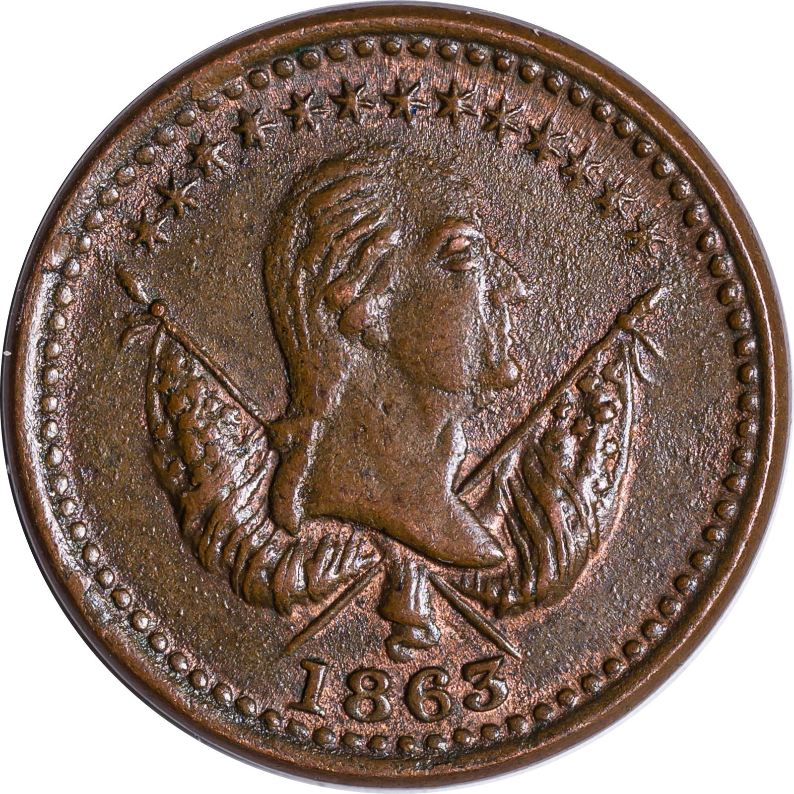 MS-62 BN 1863 Patriotic Civil War Token: Washington and furled banners obverse, Peace Forever and handshake reverse. Lustrous with traces of red throughout.