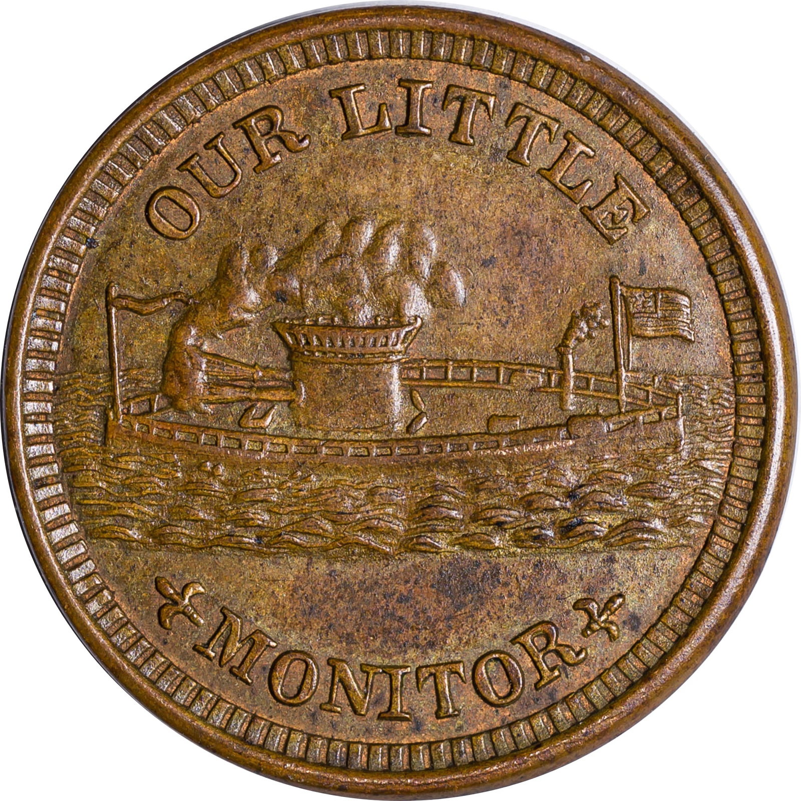 MS-60+ BN 1863 Patriotic Civil War Token: Our Little Monitor. Lustrous golden-tan with traces of mint frost in the protected areas.